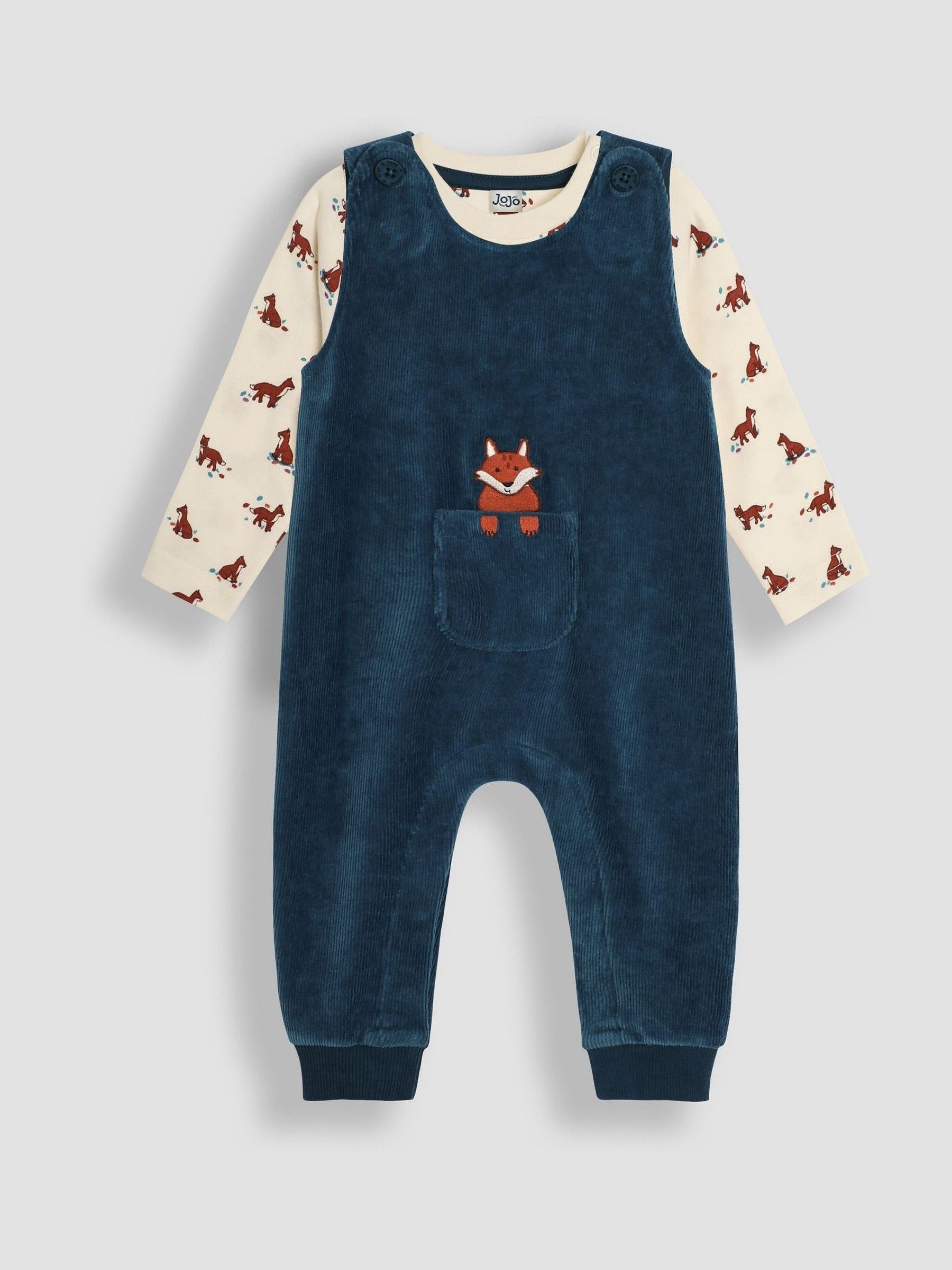 Teal Fox Applique Pocket Velour Dungarees & Top Set - Image 1 of 6