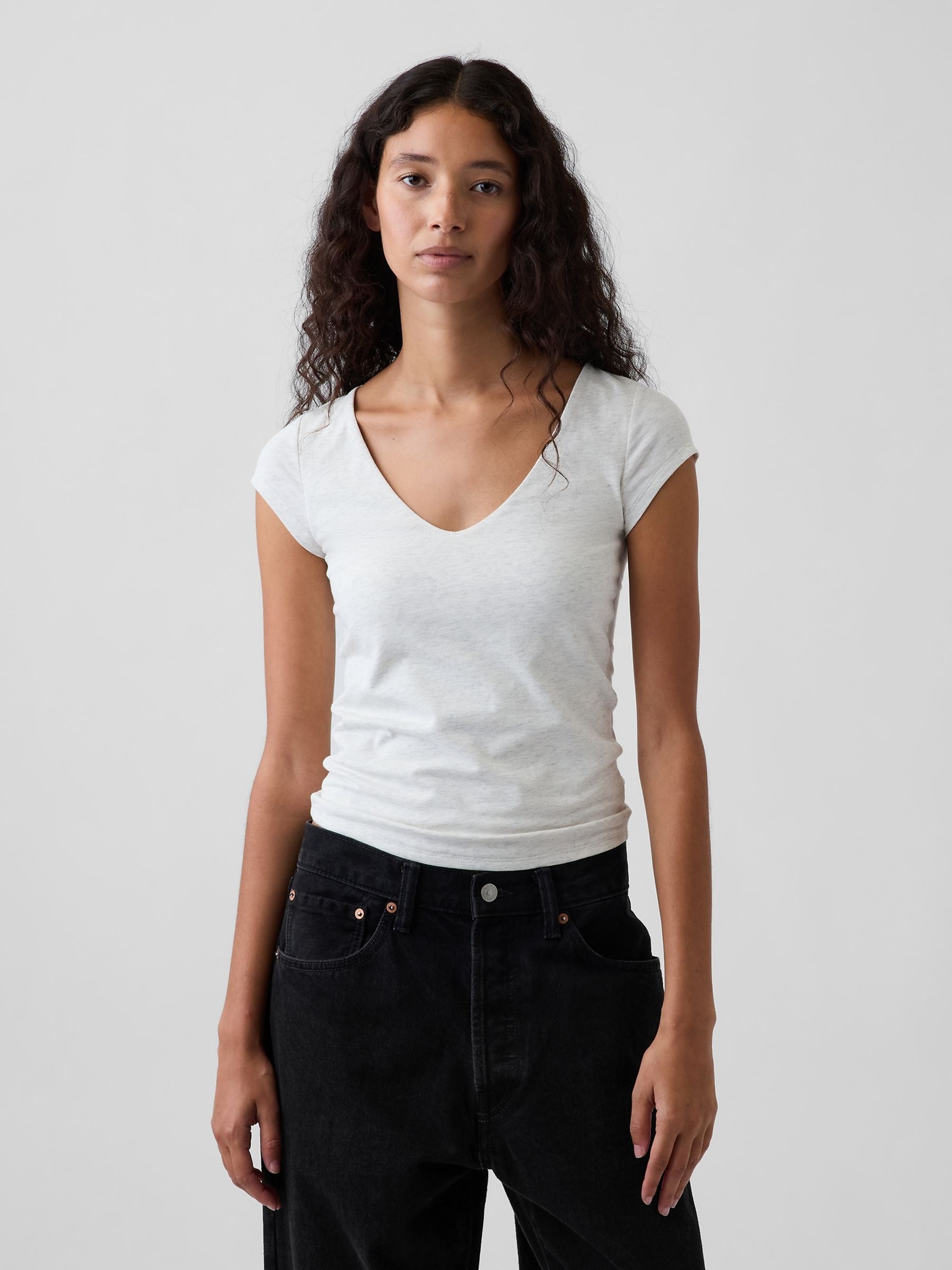 Grey Close Knit Jersey V-Neck T-Shirt - Image 1 of 4