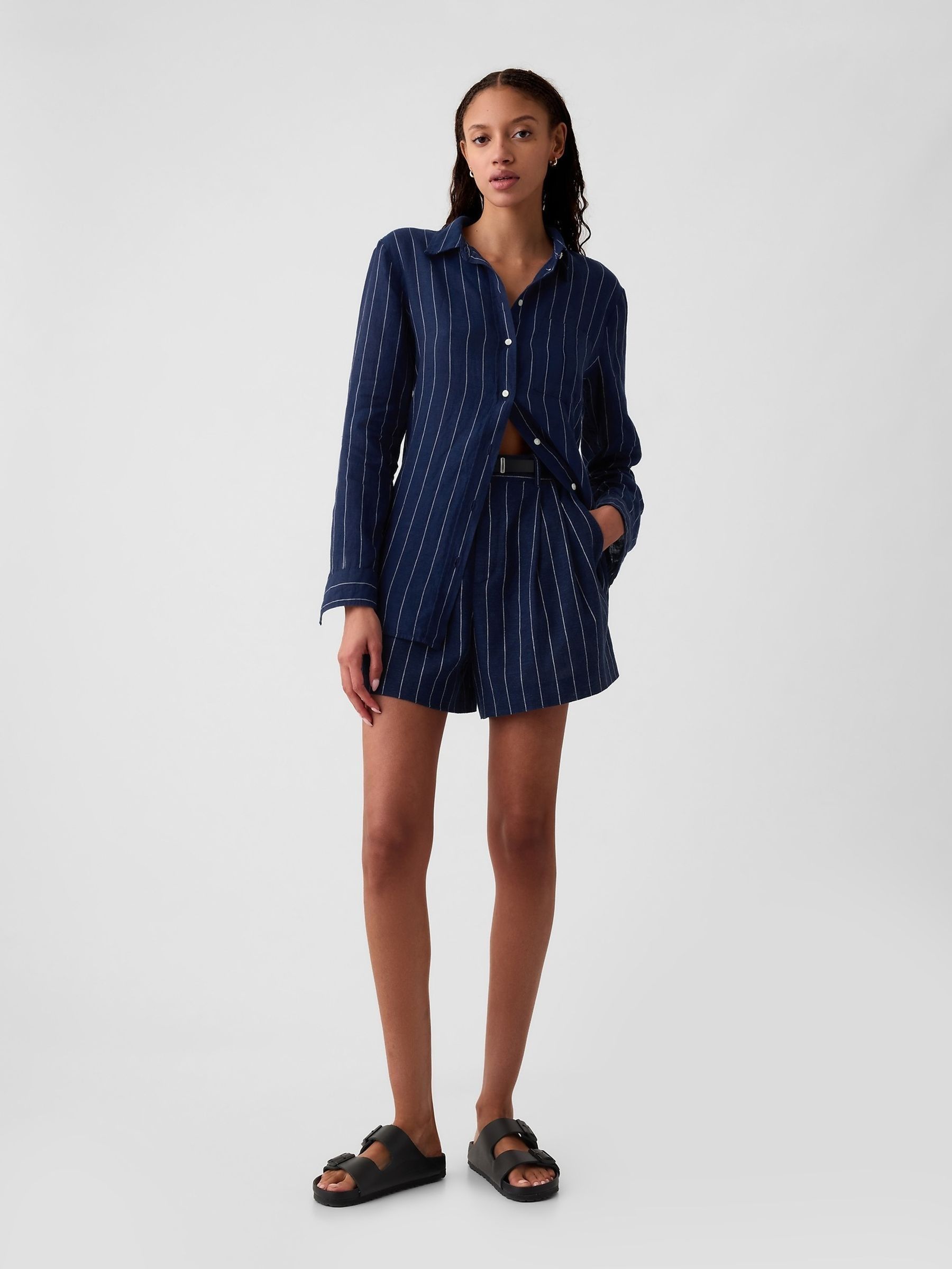 Navy Blue Pinstripe 100% Linen Long Sleeve Oversized Shirt - Image 3 of 5