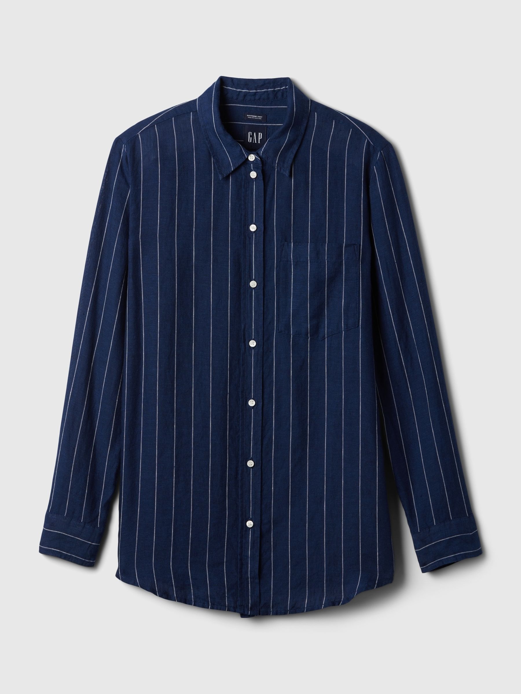 Navy Blue Pinstripe 100% Linen Long Sleeve Oversized Shirt - Image 4 of 5