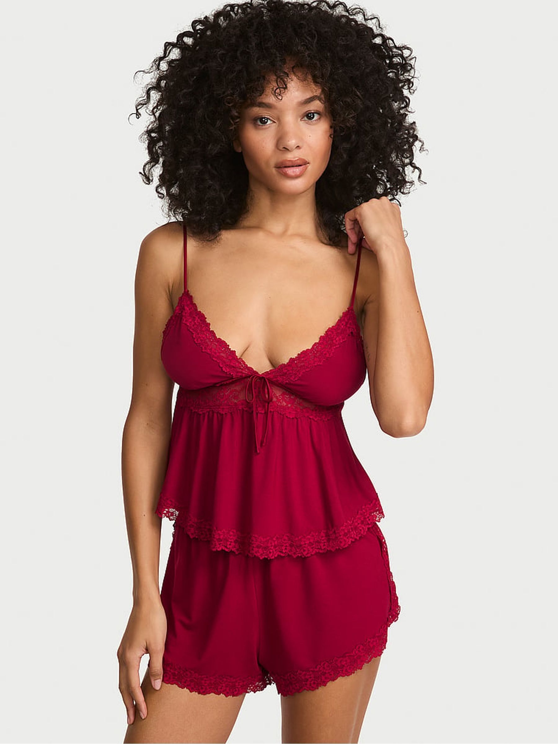 Red Lacquer Lace Trim Modal Cami Set - Image 1 of 2