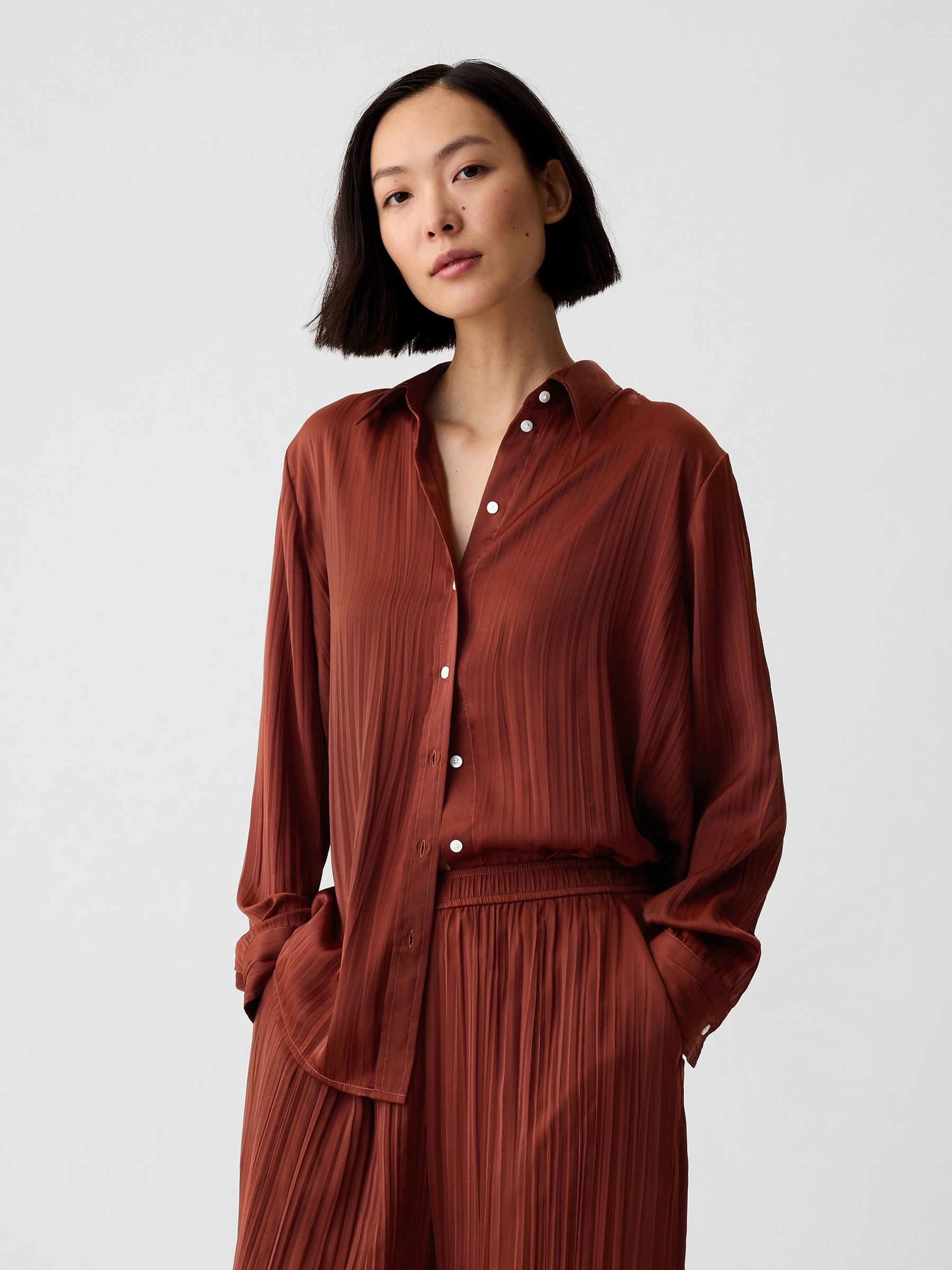 Brown Pleated Satin Oversized Shirt - Image 1 of 4