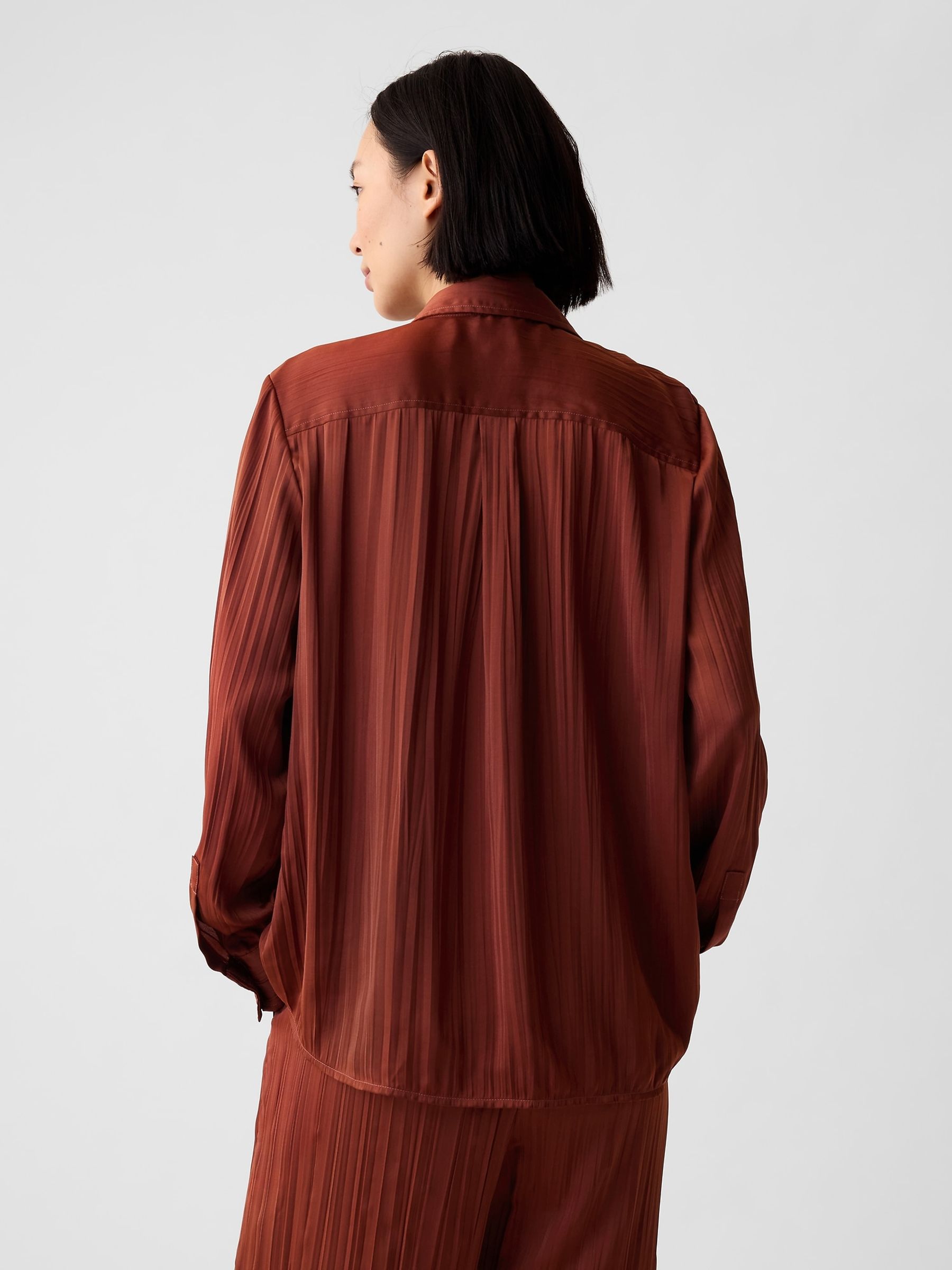 Brown Pleated Satin Oversized Shirt - Image 2 of 4