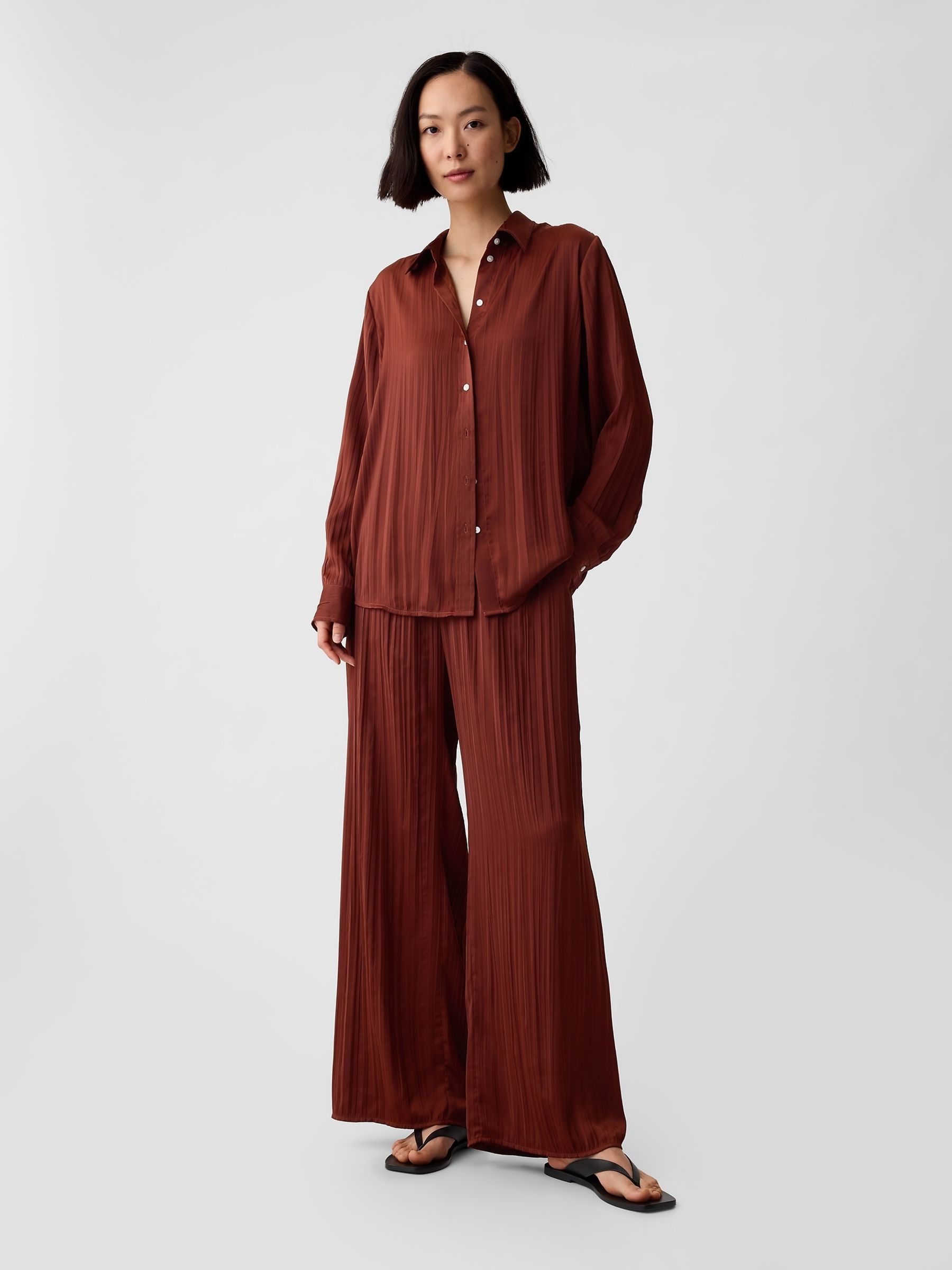 Brown Pleated Satin Oversized Shirt - Image 3 of 4