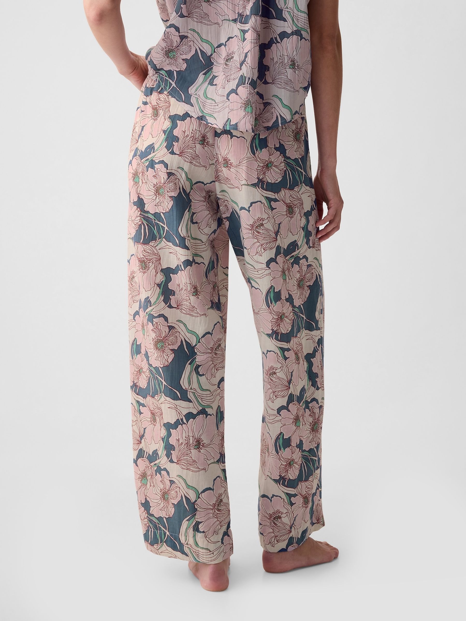 Blue Crinkle Cotton Wide Leg Pull On Pyjama Trousers - Image 2 of 4