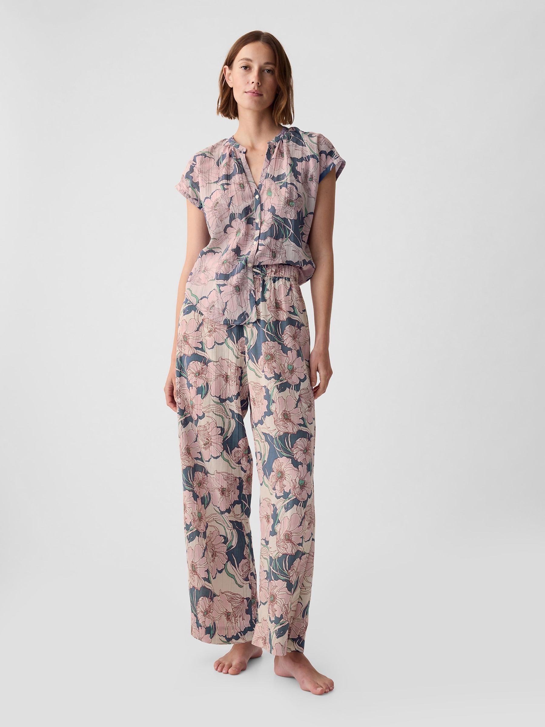Blue Crinkle Cotton Wide Leg Pull On Pyjama Trousers - Image 3 of 4