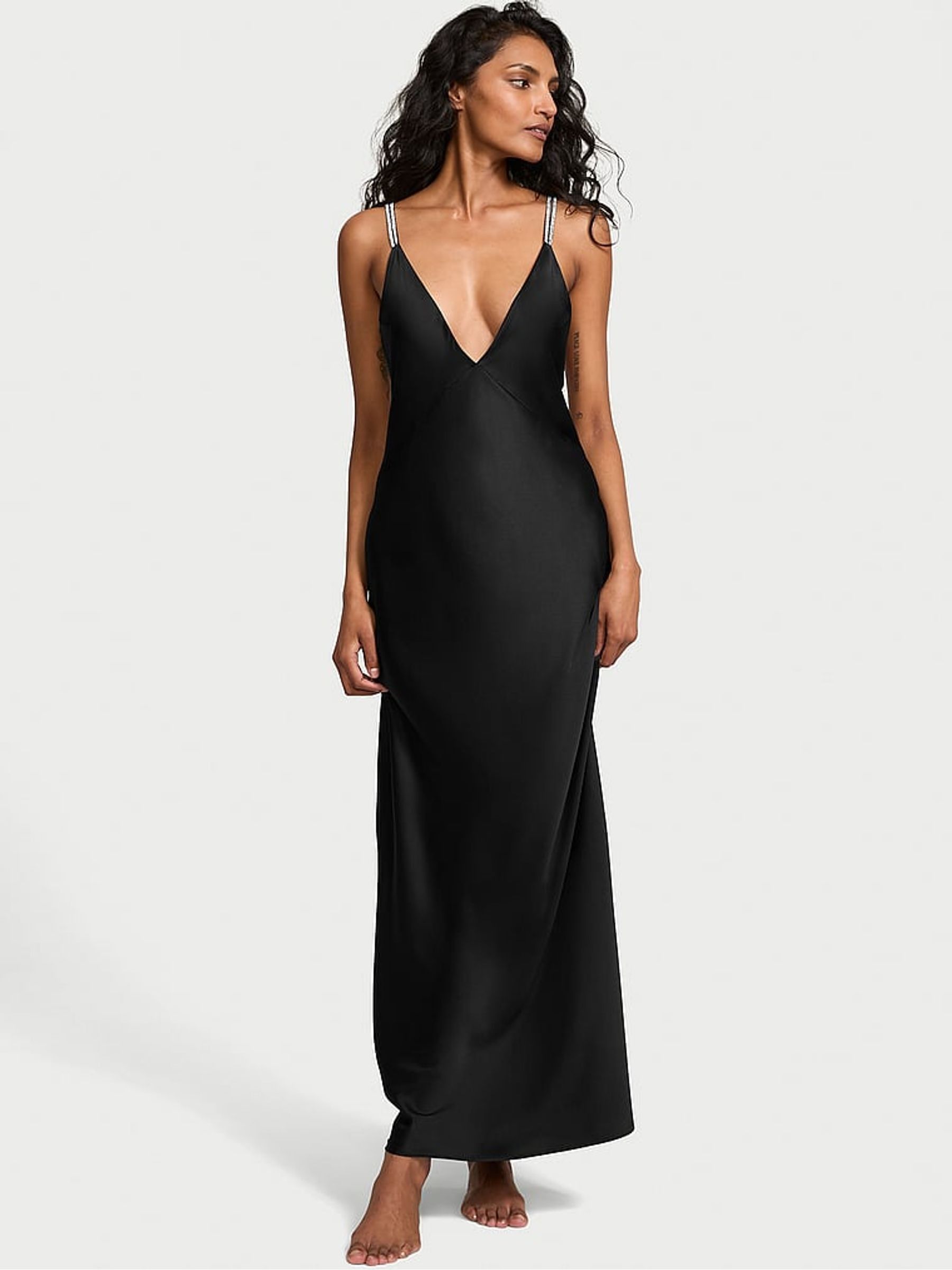 Black Twinkle Strap Satin Slip Dress - Image 1 of 3