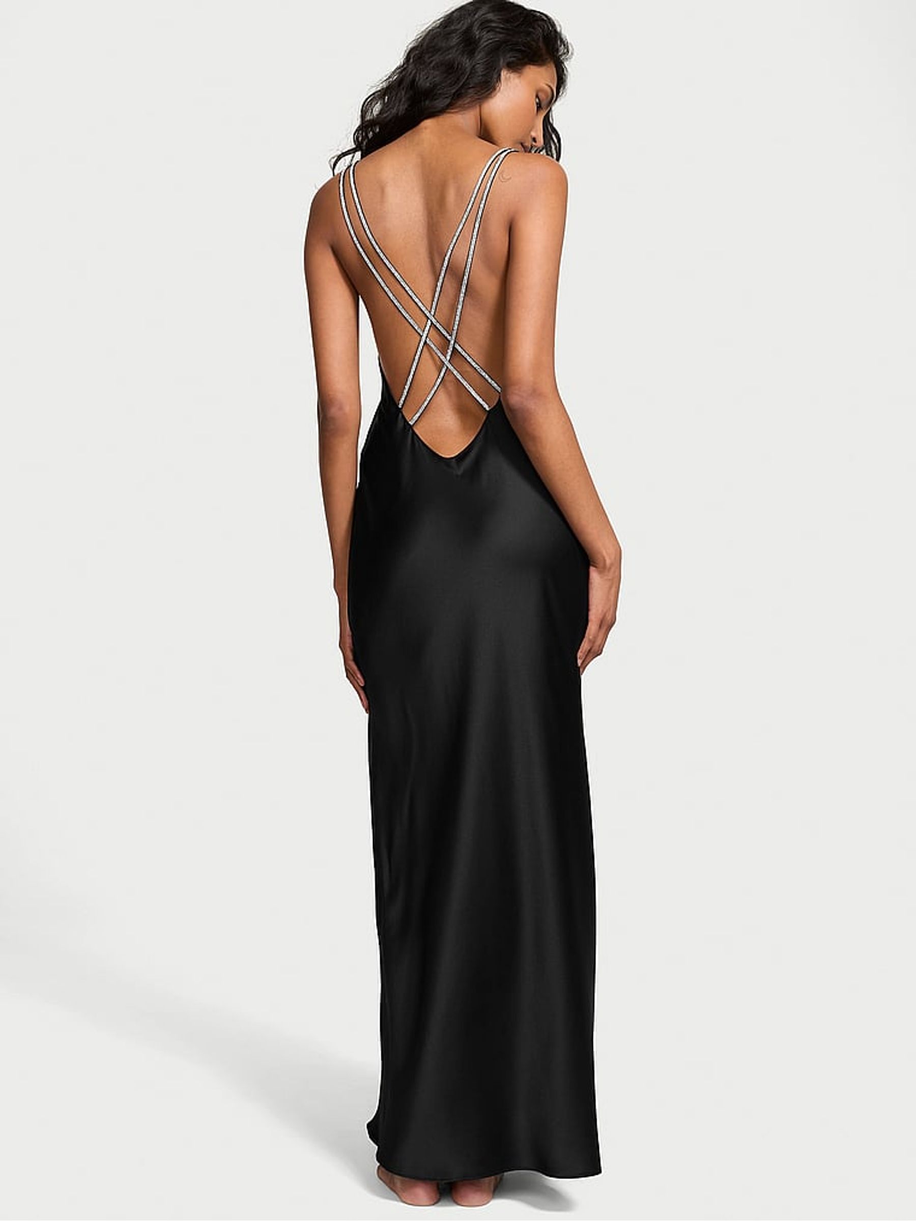 Black Twinkle Strap Satin Slip Dress - Image 2 of 3