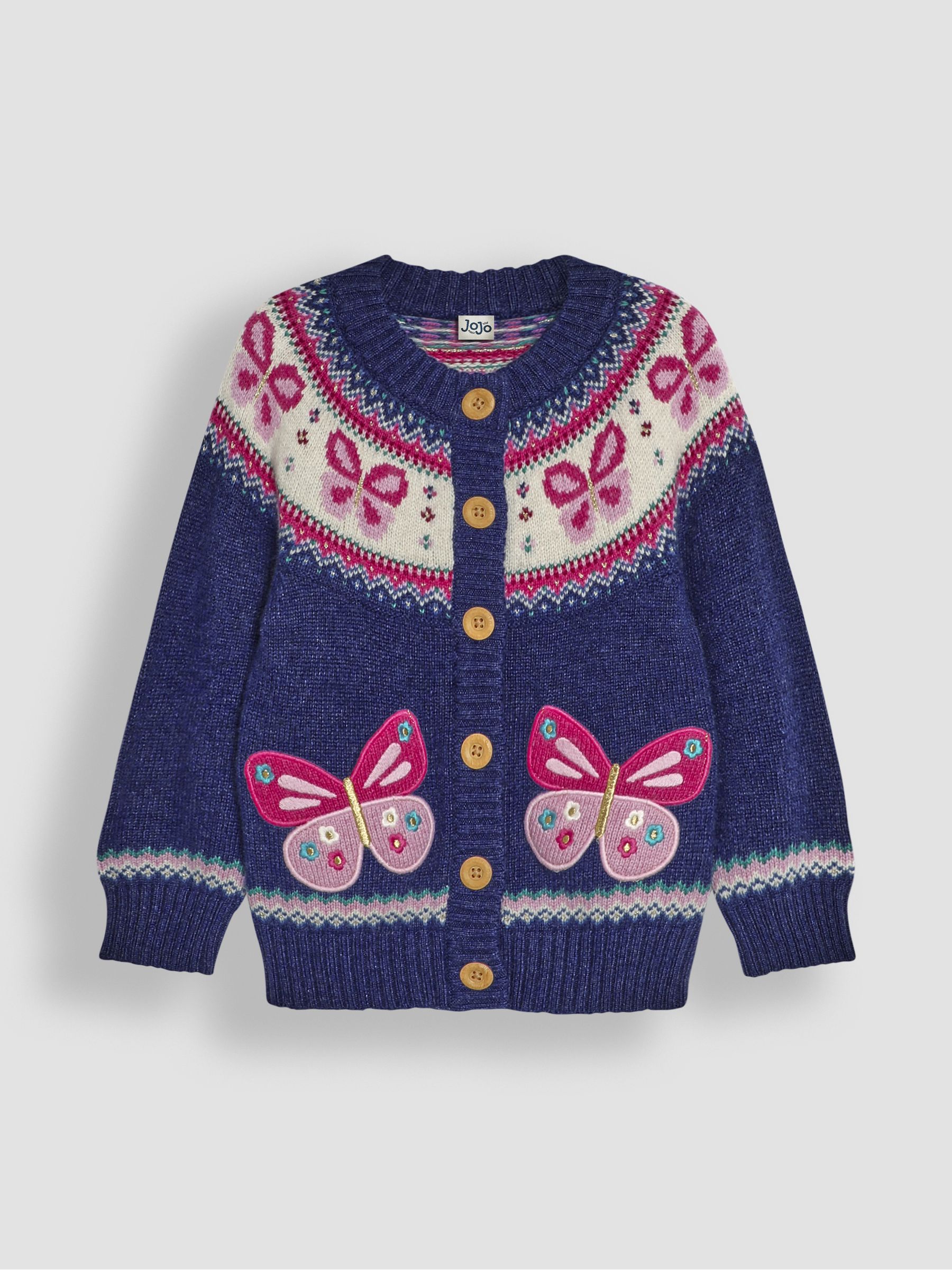Navy Blue Butterfly Knit Fairisle Pattern Cardigan - Image 1 of 3