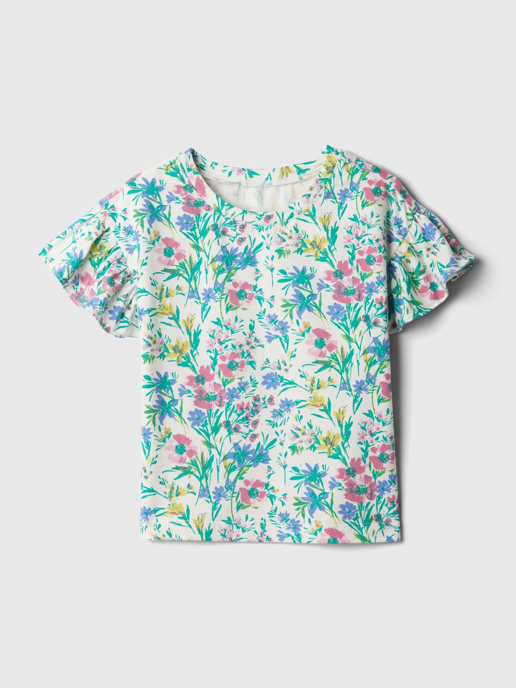 White, Blue & Pink Floral Print Short Flutter Sleeve Crew Neck T-Shirt (3mths-5yrs) - Image 1 of 2