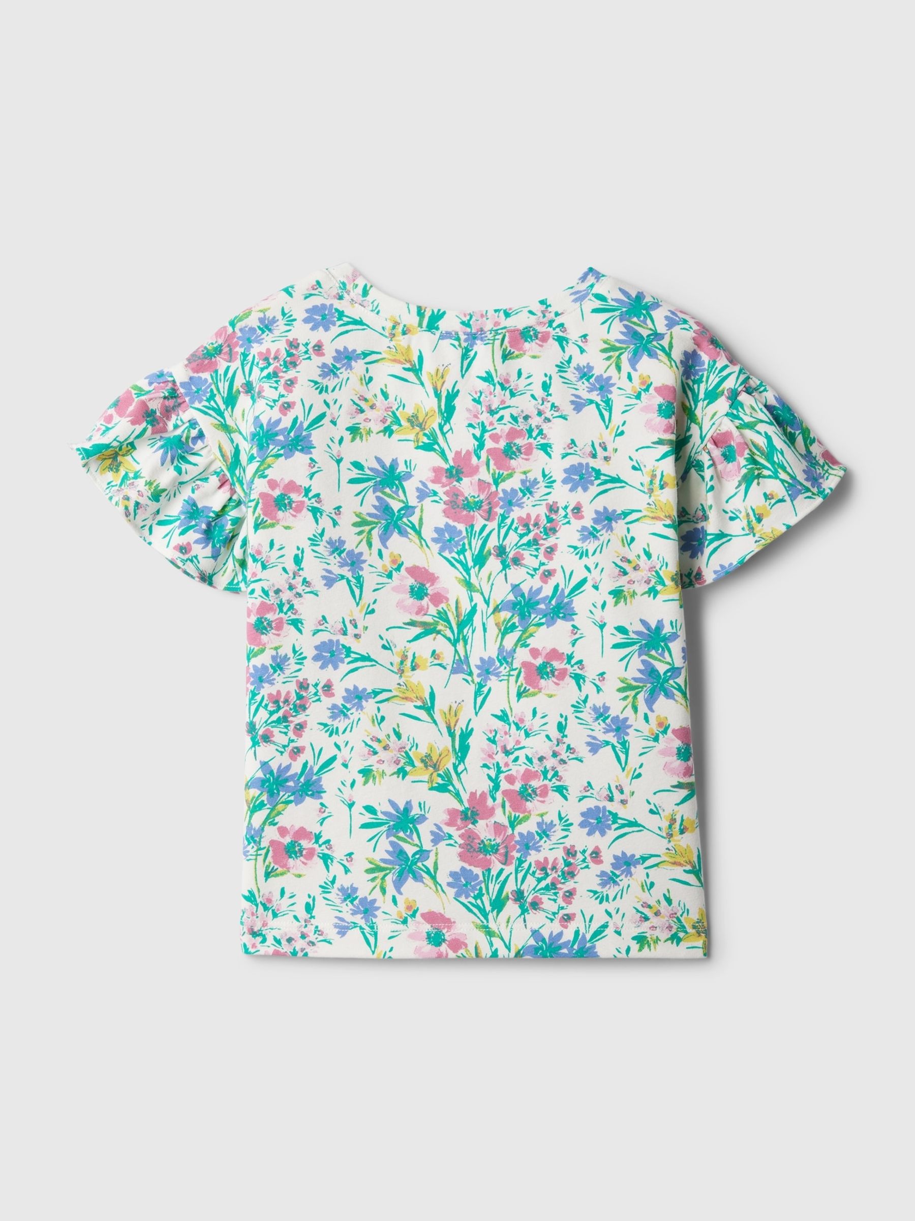 White, Blue & Pink Floral Print Short Flutter Sleeve Crew Neck T-Shirt (3mths-5yrs) - Image 2 of 2