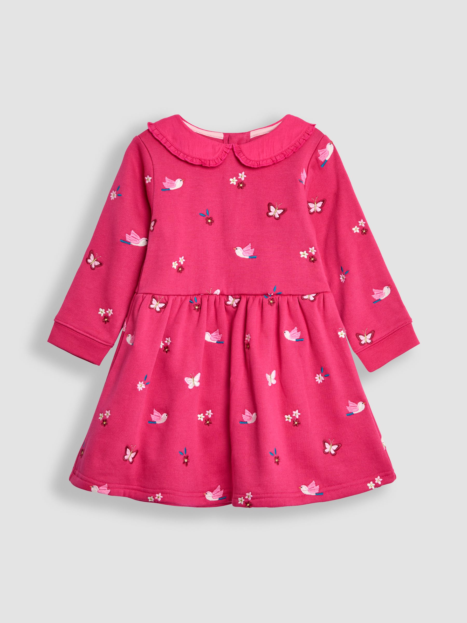 Raspberry Pink Bird Embroidered Sweat Dress With Collar | JoJo Maman Bb