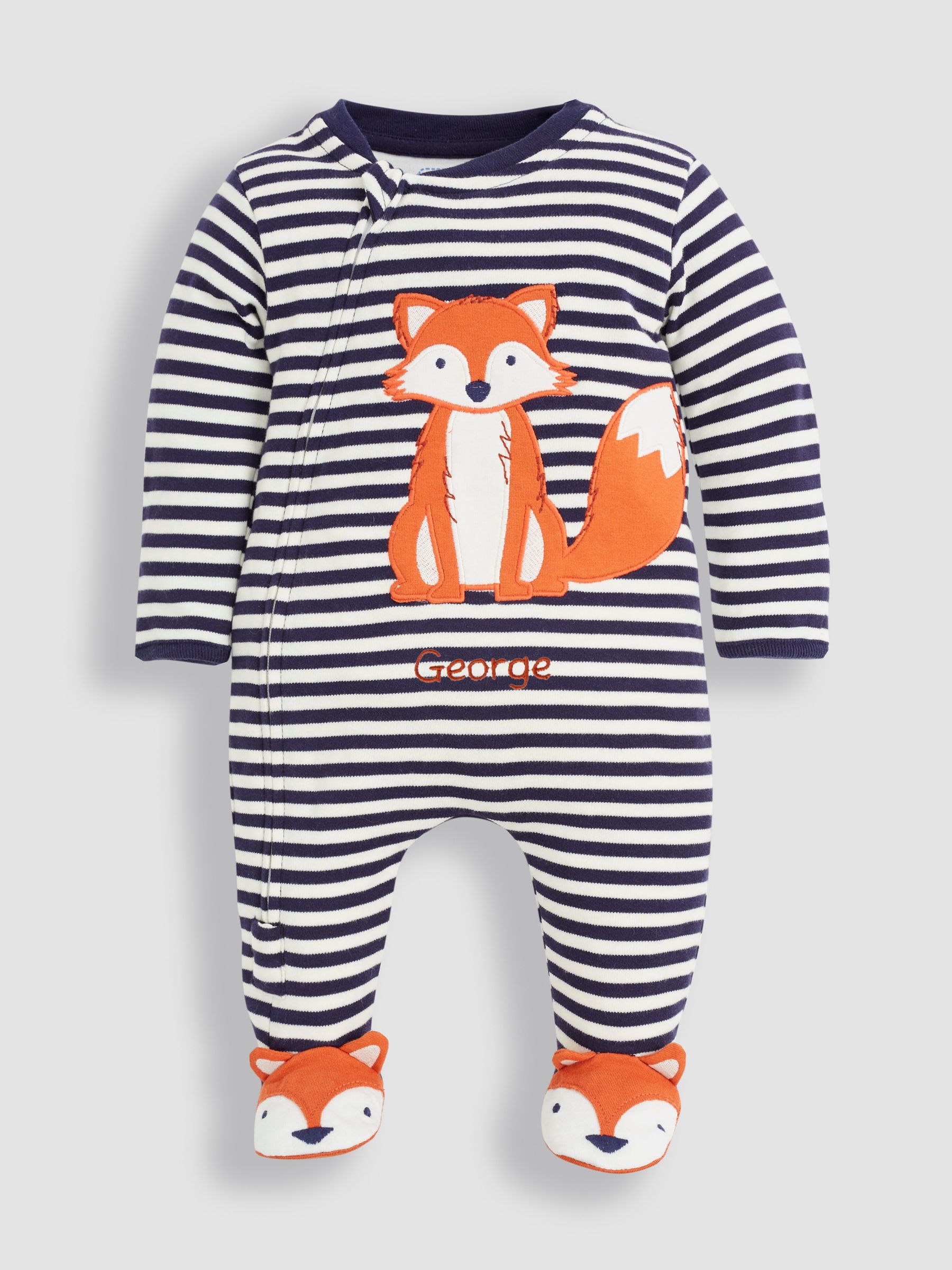 Navy Ecru Stripe Fox Baby Personalised Appliqué Zip Cotton Sleepsuit - Image 2 of 4