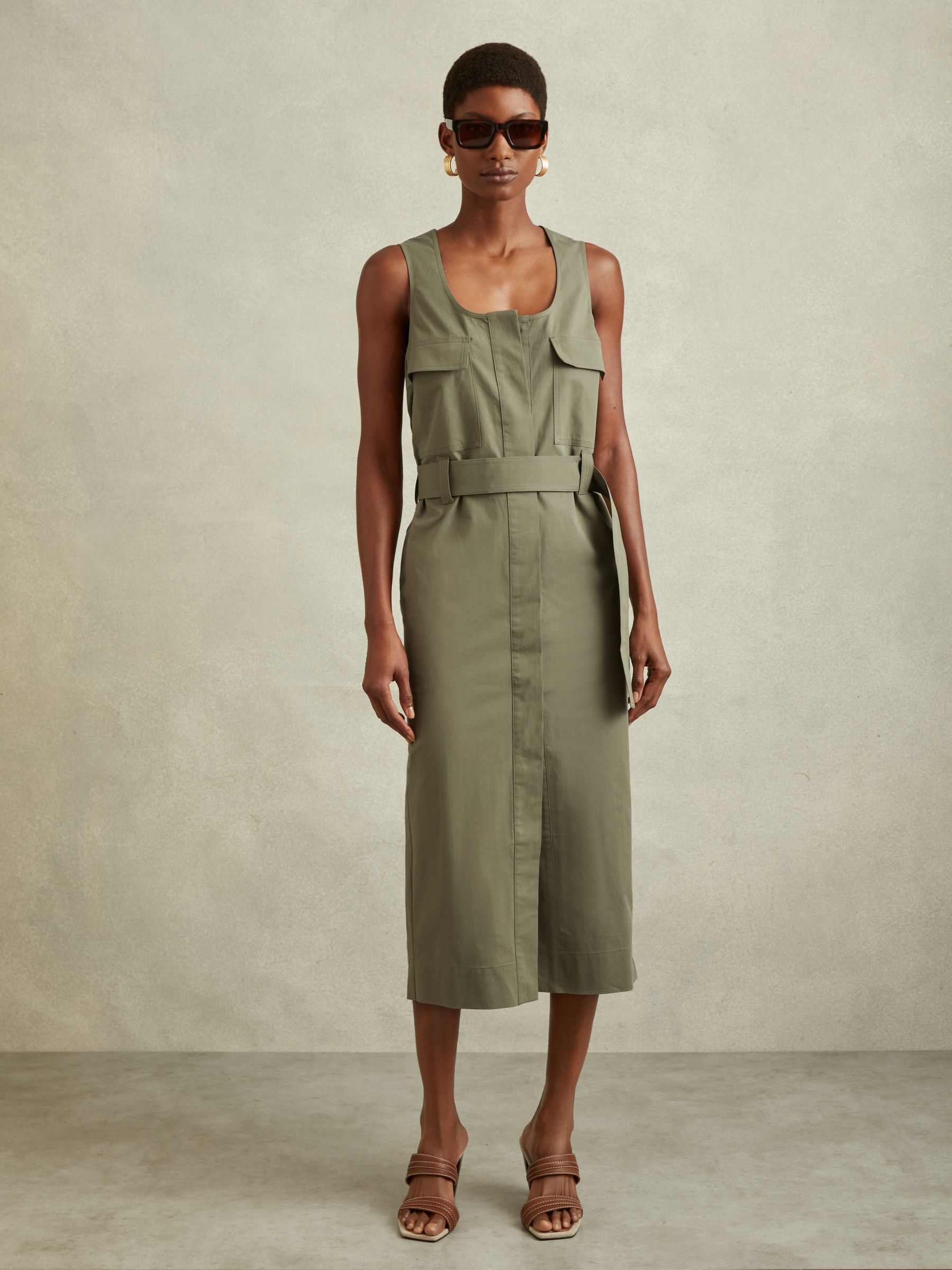 Utility Belted Midi Dress in Sage - Image 3 of 6