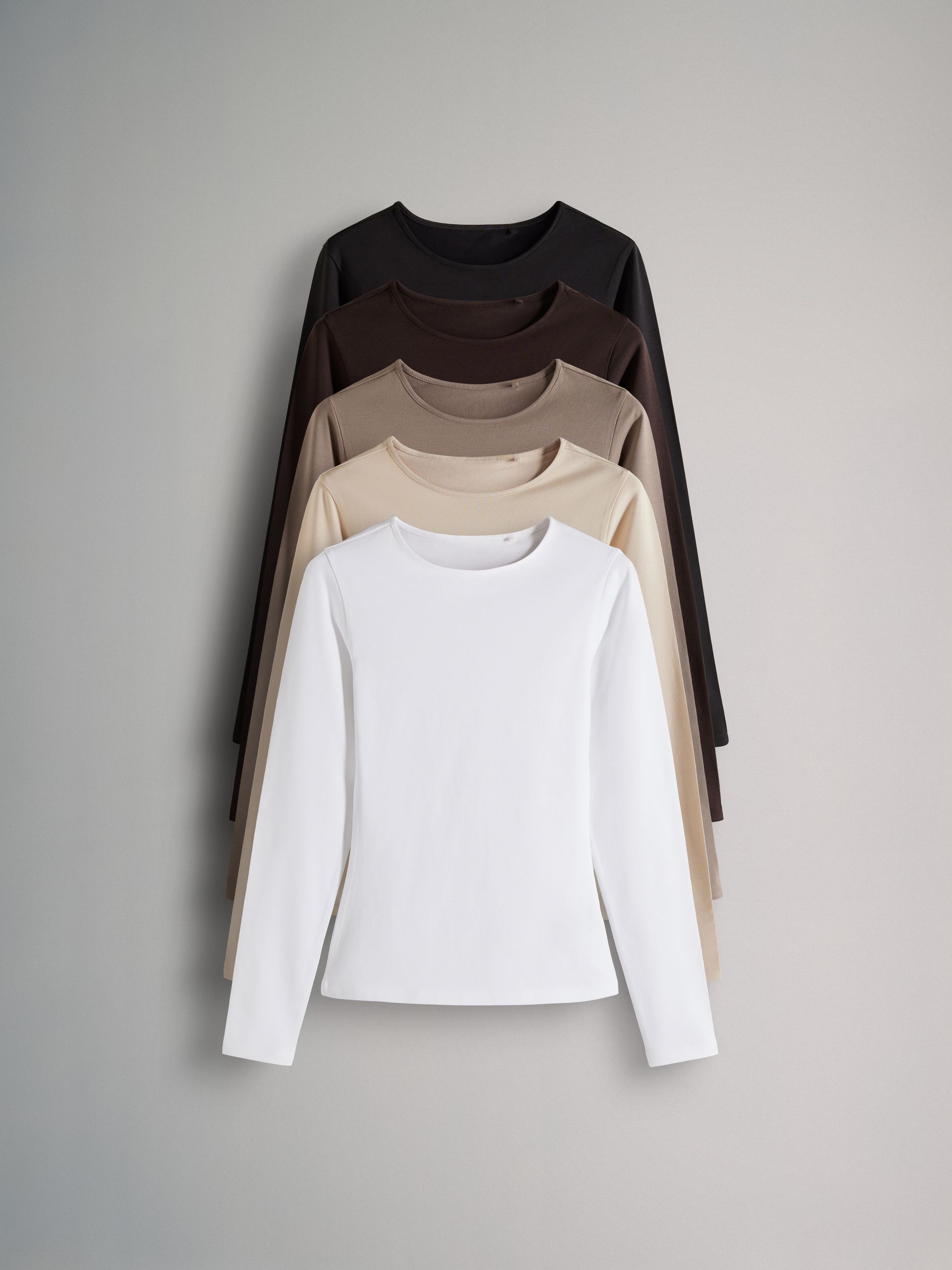 Black/Brown/Nude/White - 5 Pack Long Sleeve Crew Neck T-Shirts - Image 1 of 8