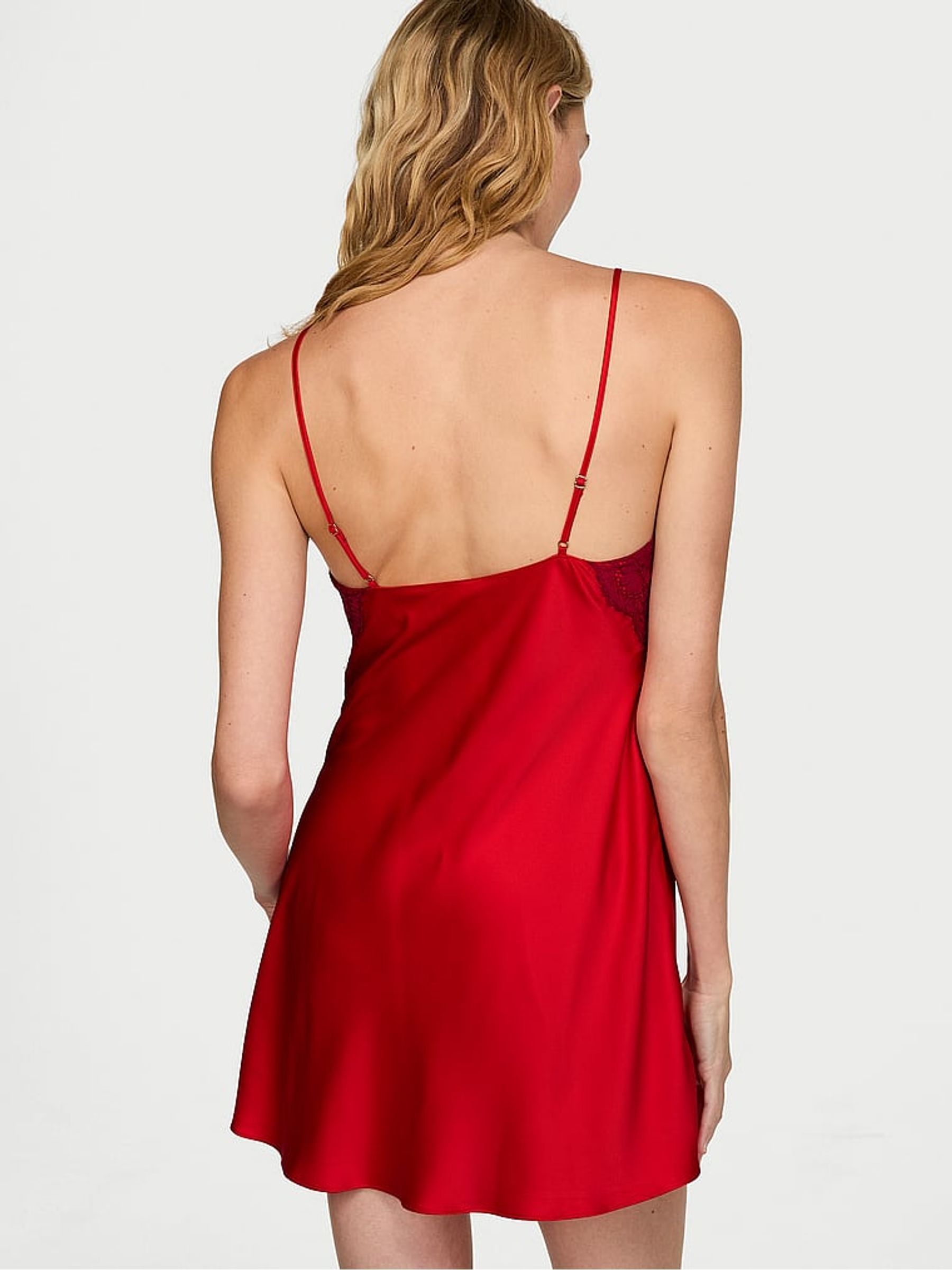 Bright Vermillion Red Mini Satin Lace Trim Slip Dress - Image 2 of 2 Bright Vermillion Red Mini Satin Lace Trim Slip Dress - Image 2 of 2