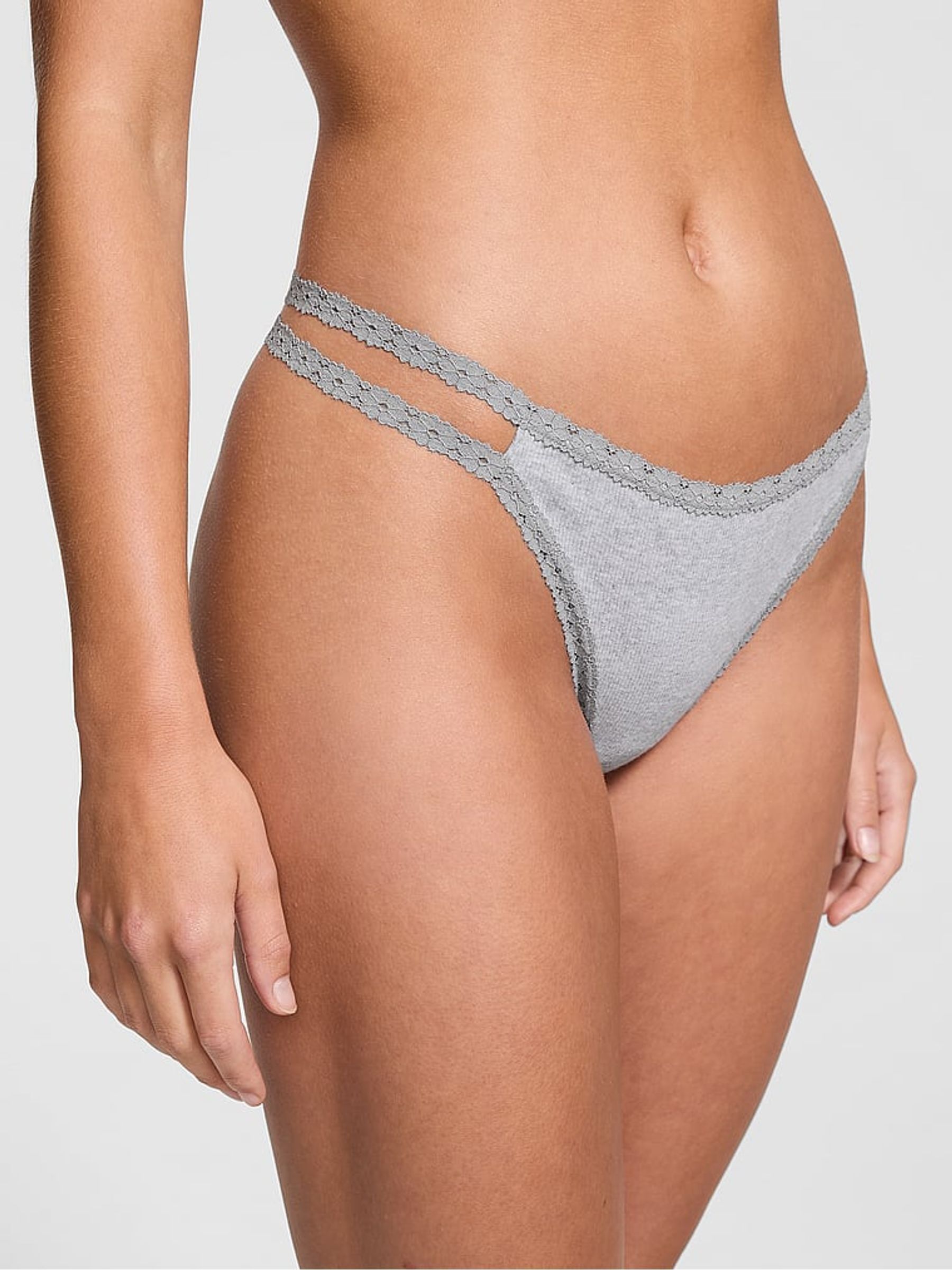 Grey Heather Lace Trim Rib Strappy Thong Knickers - Image 1 of 3