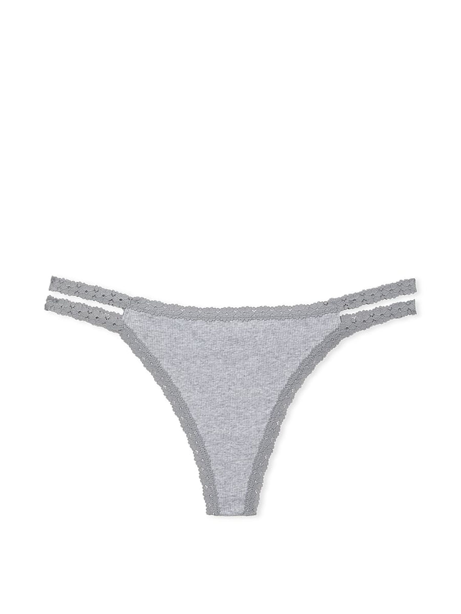 Grey Heather Lace Trim Rib Strappy Thong Knickers - Image 3 of 3