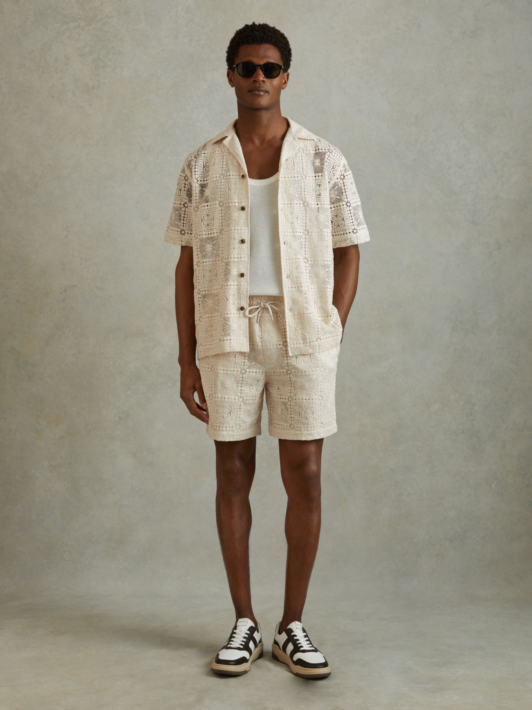Crochet Drawstring Shorts in Ecru - Image 1 of 5