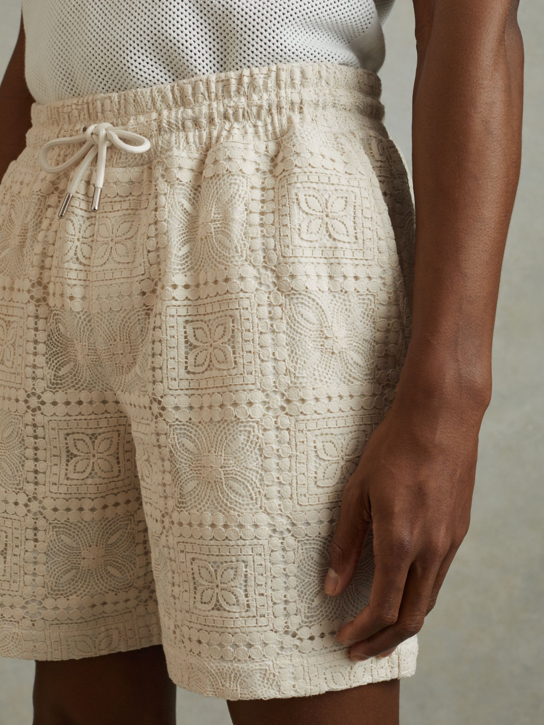 Crochet Drawstring Shorts in Ecru - Image 3 of 5