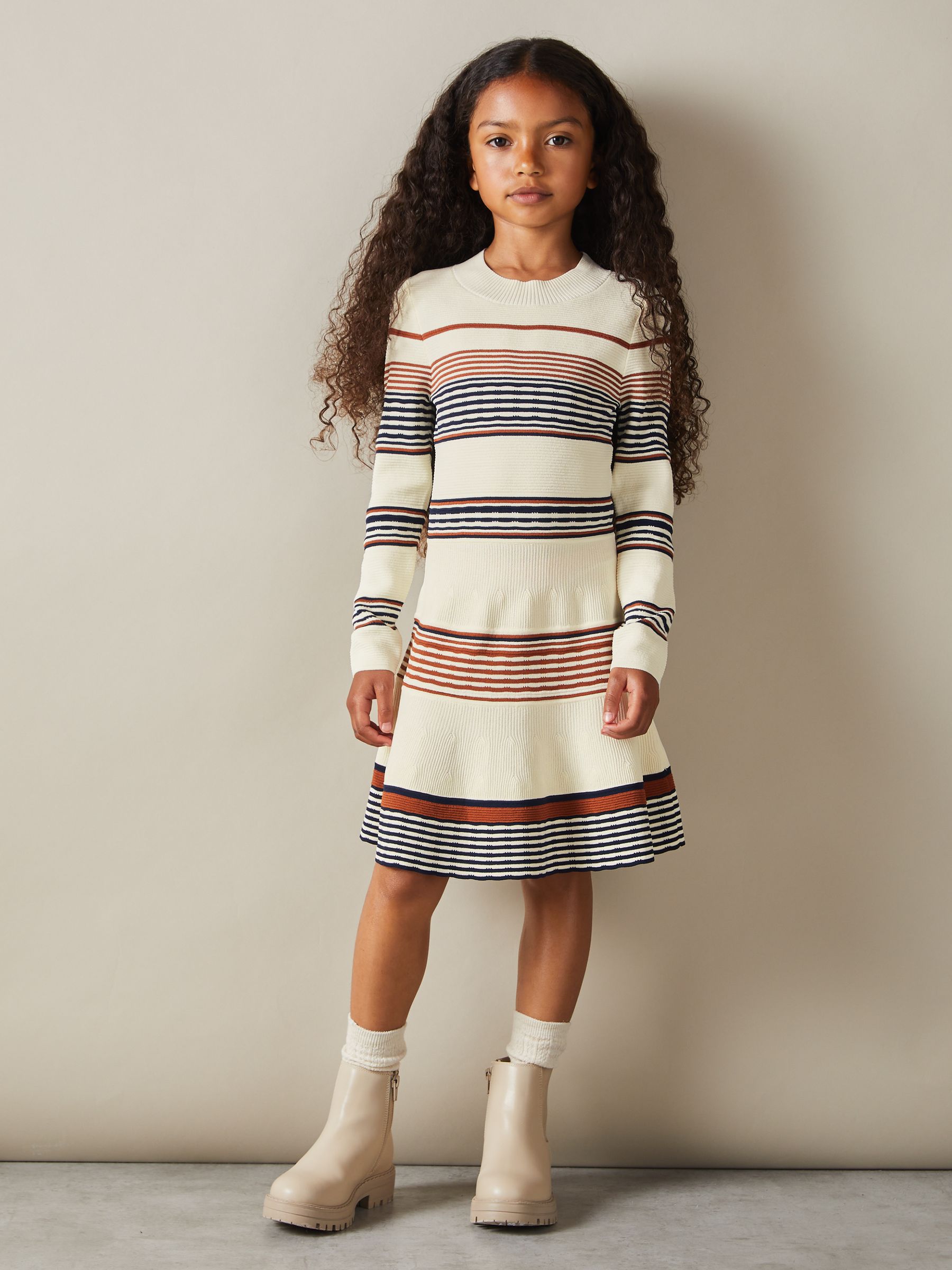 13-14 yrs Knitted Striped Skater Dress in Camel - Image 2 of 4