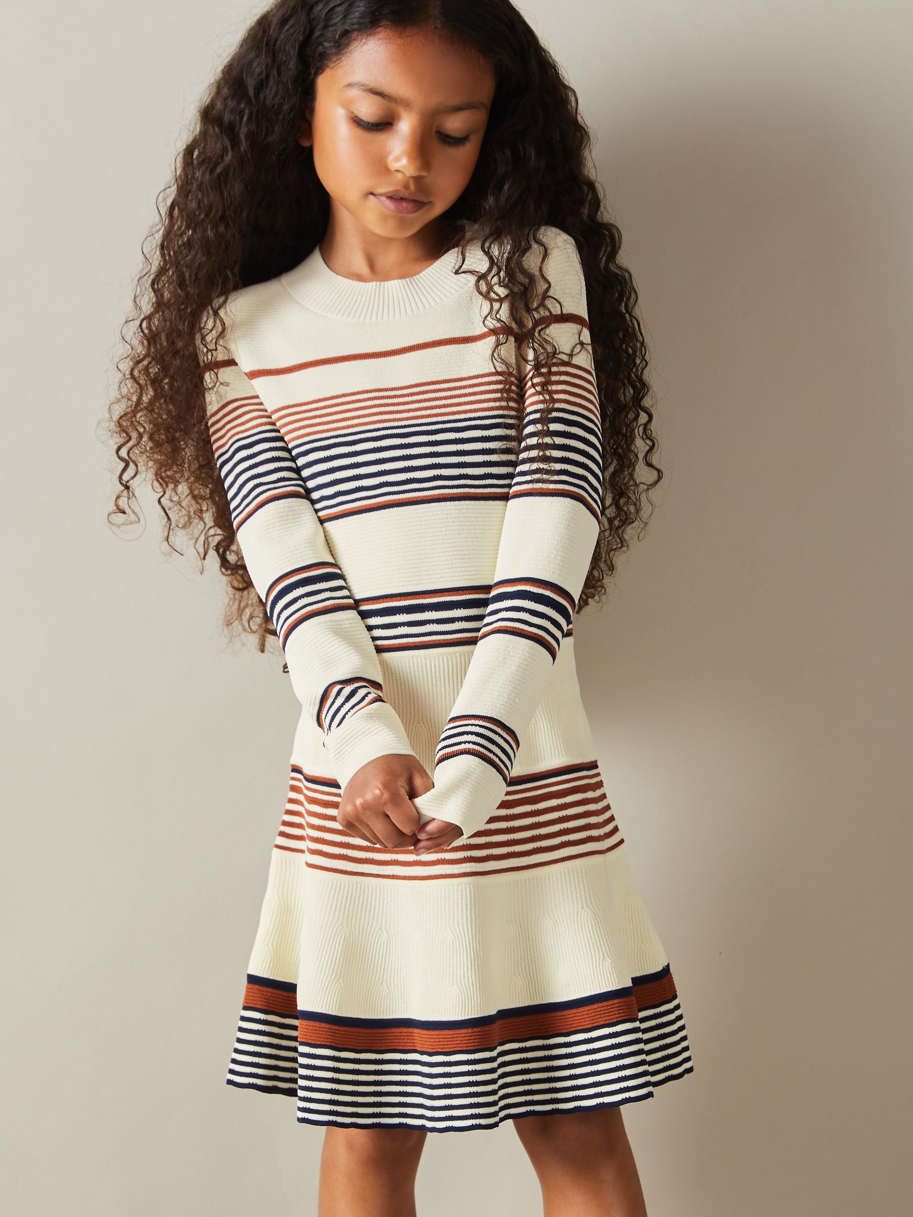 13-14 yrs Knitted Striped Skater Dress in Camel - Image 3 of 4