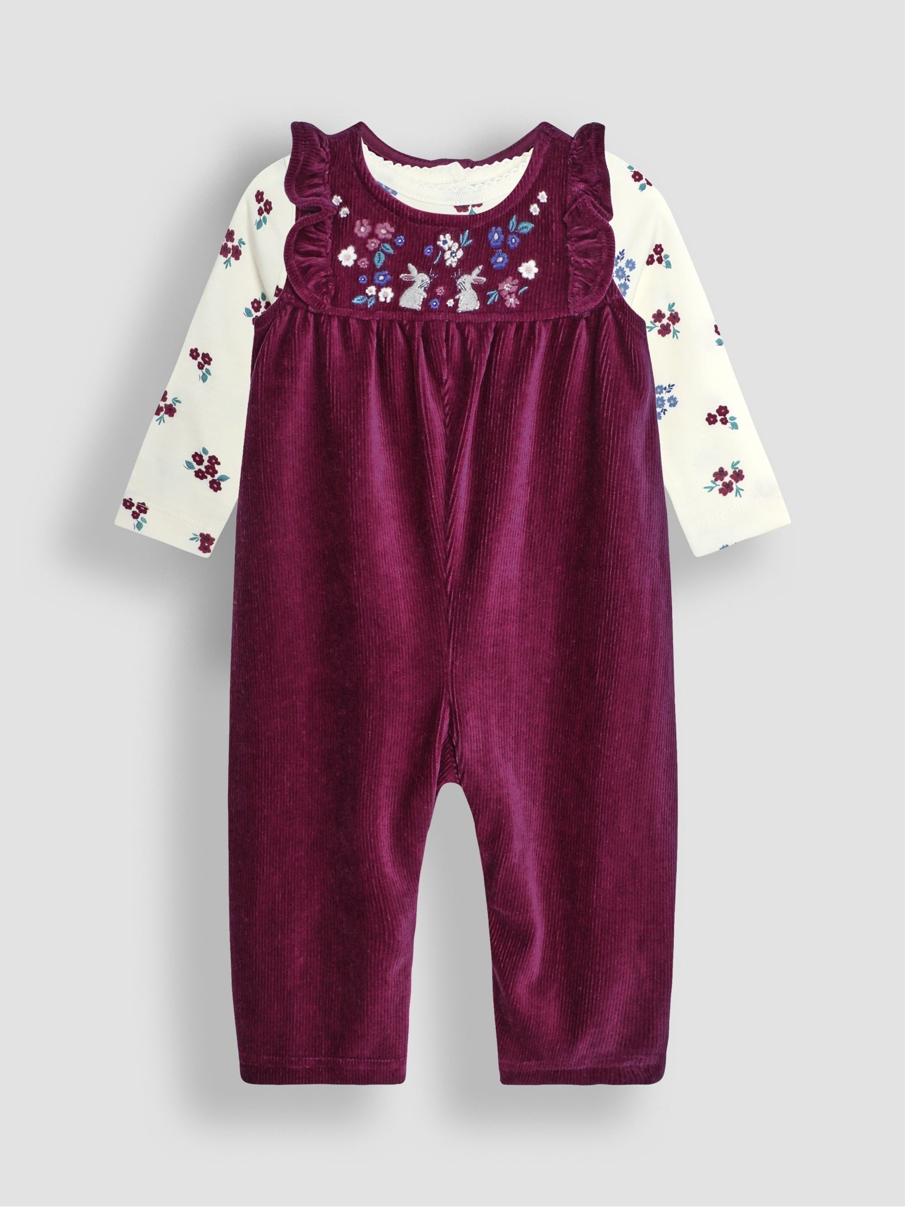 Plum Purple Bunny Embroidered Velour Dungarees and Top Set - Image 1 of 6