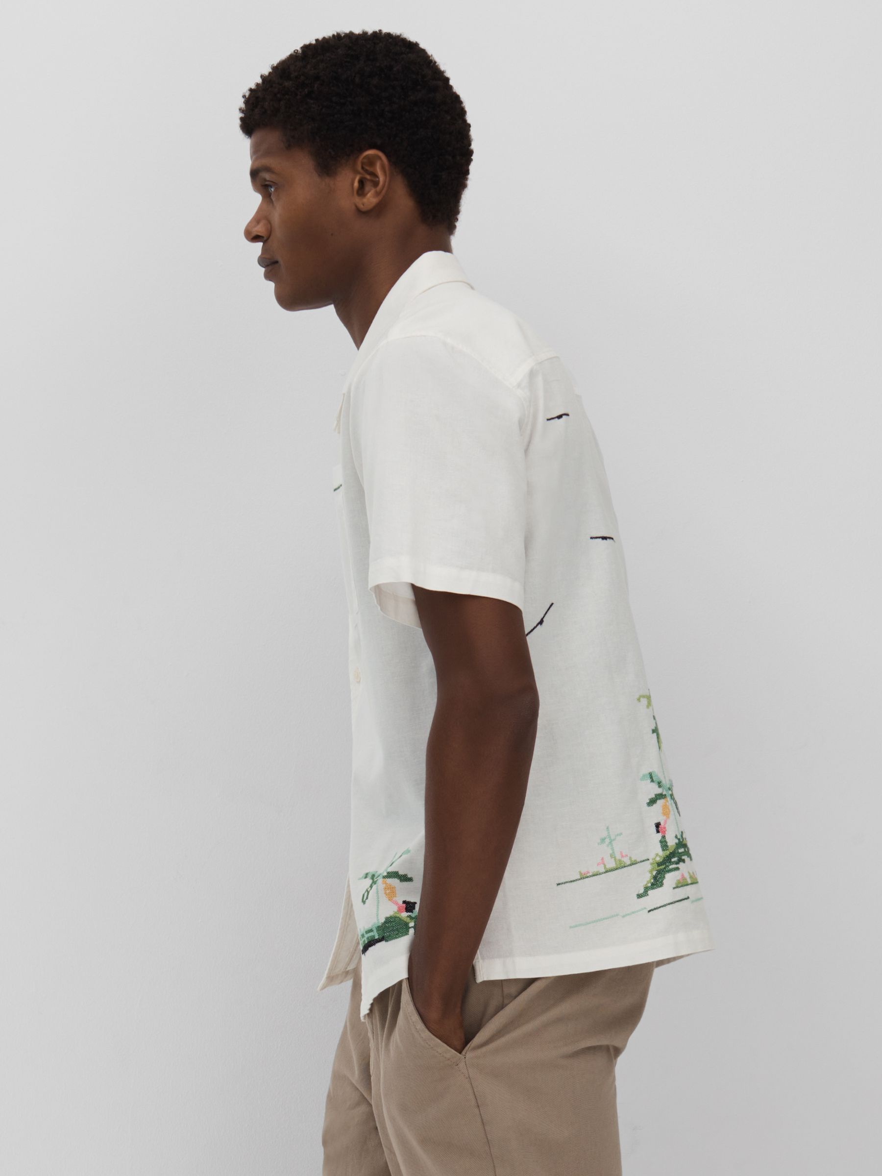 Wax London Relaxed Embroidered Cotton/Linen Mix Shirt in Ecru - Image 1 of 6