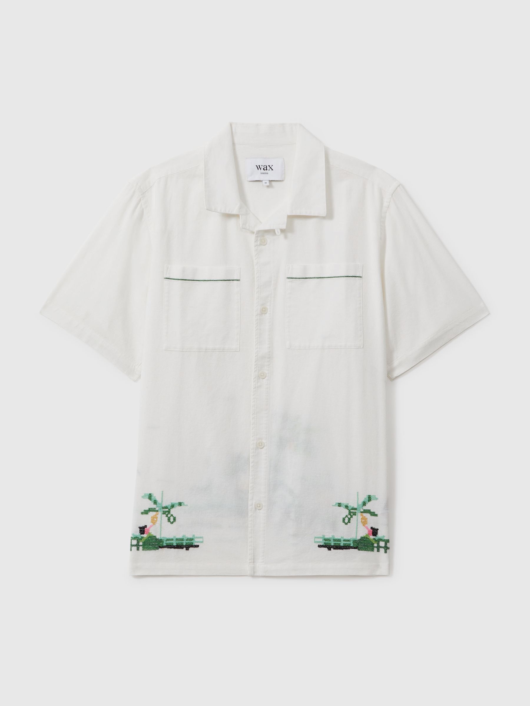 Wax London Relaxed Embroidered Cotton/Linen Mix Shirt in Ecru - Image 2 of 6