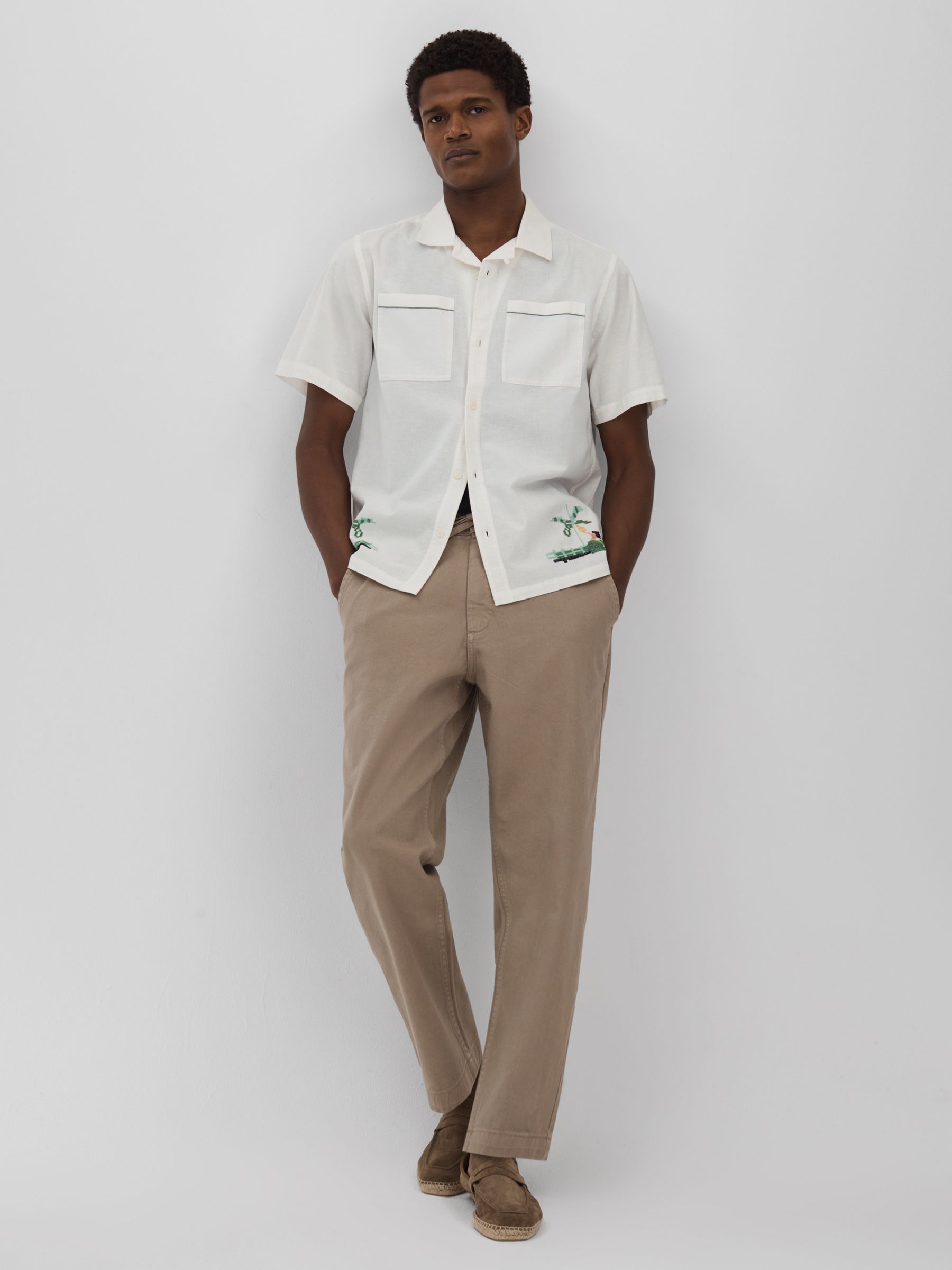 Wax London Relaxed Embroidered Cotton/Linen Mix Shirt in Ecru - Image 3 of 6