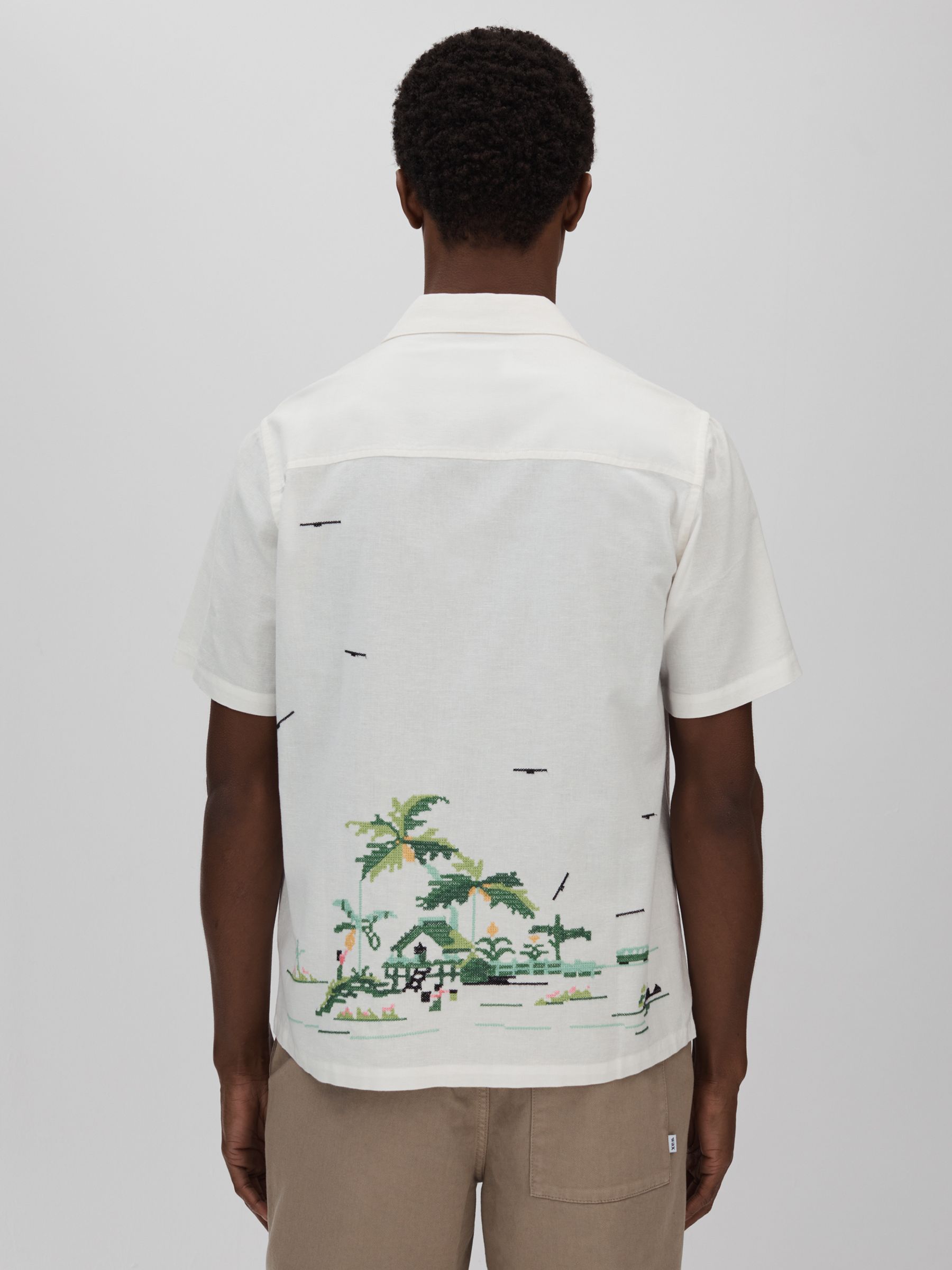 Wax London Relaxed Embroidered Cotton/Linen Mix Shirt in Ecru - Image 5 of 6