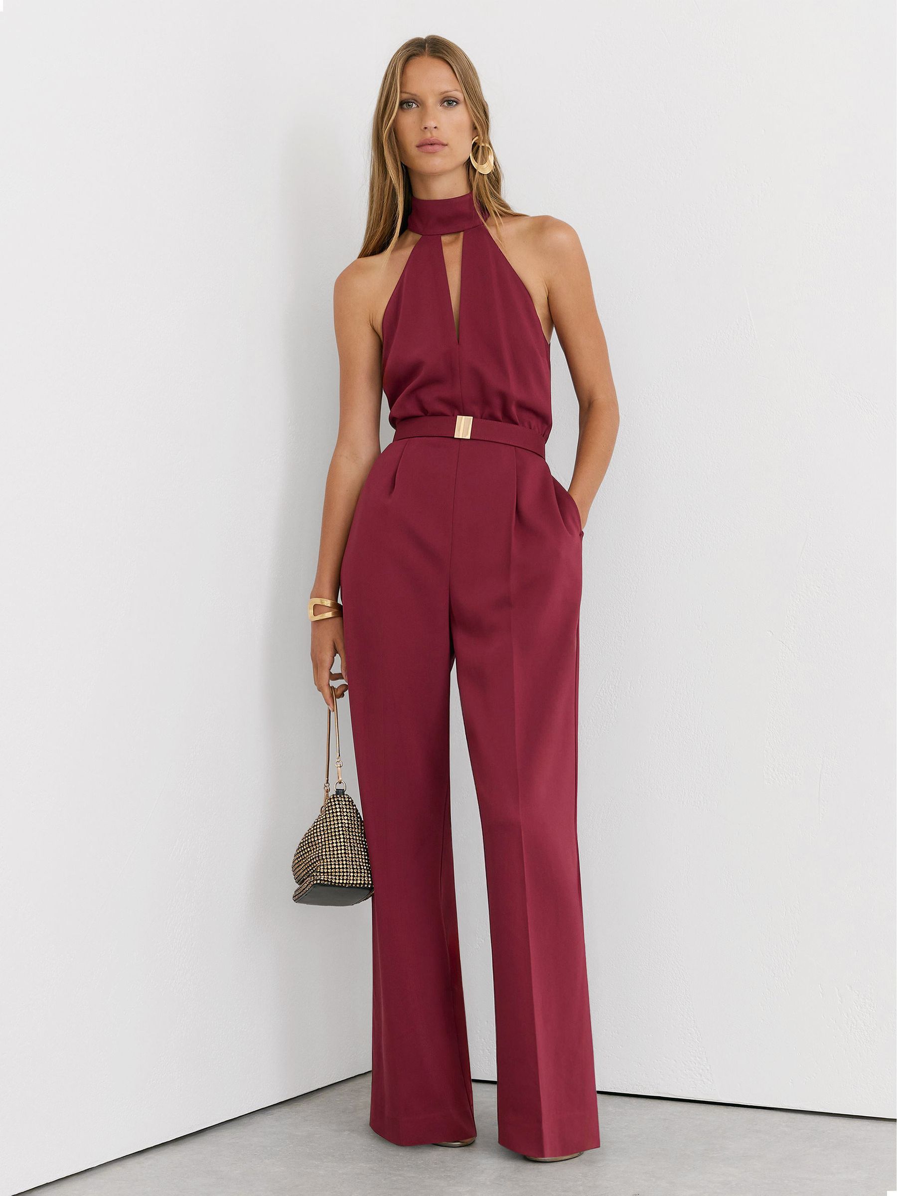 Petite Halterneck Belted Wide-Leg Jumpsuit in Red - Image 1 of 8
