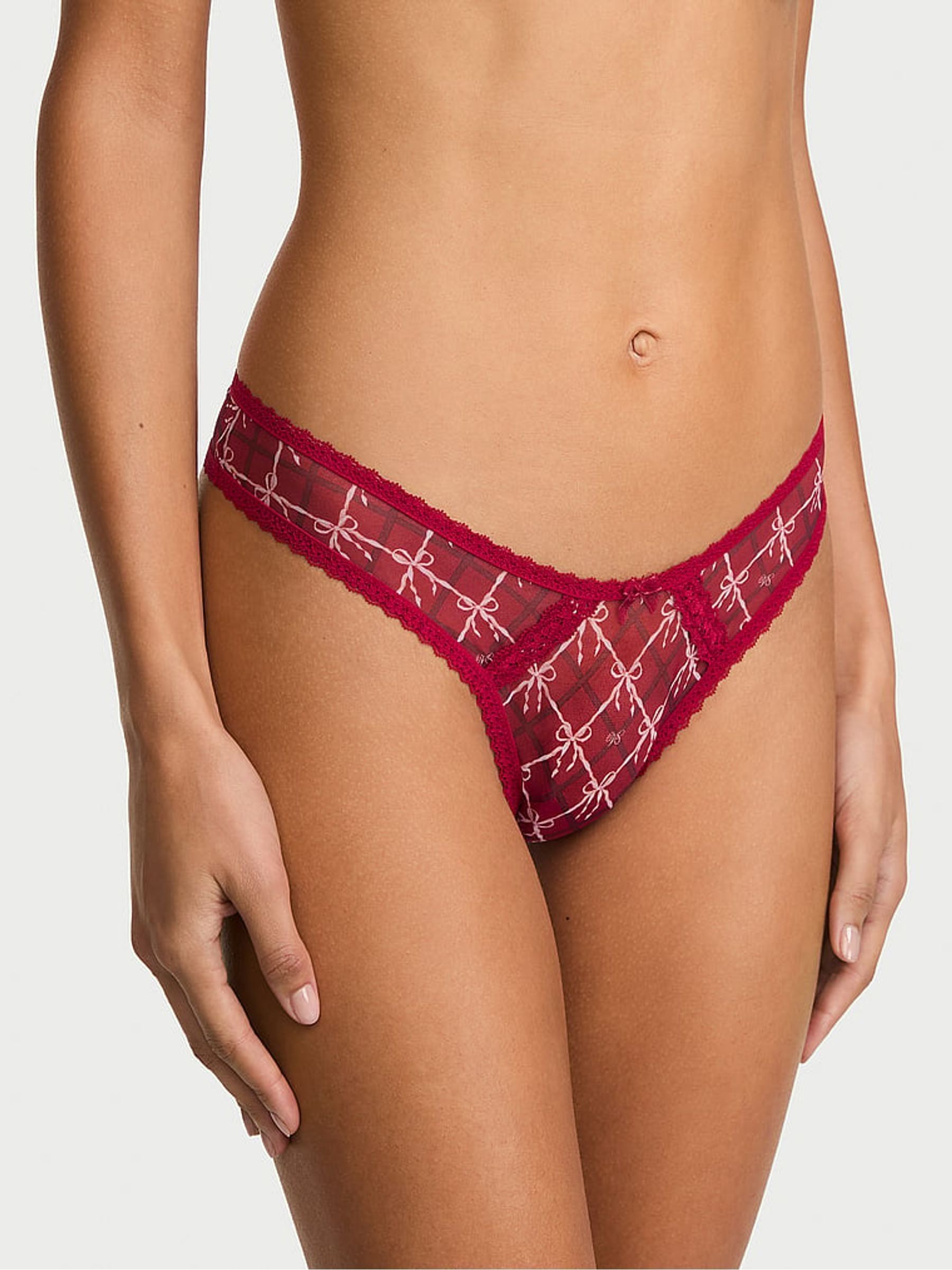 Red Lacquer Brazilian Sheer Lace Trim Bow Knickers - Image 1 of 2 Red Lacquer Brazilian Sheer Lace Trim Bow Knickers - Image 1 of 2
