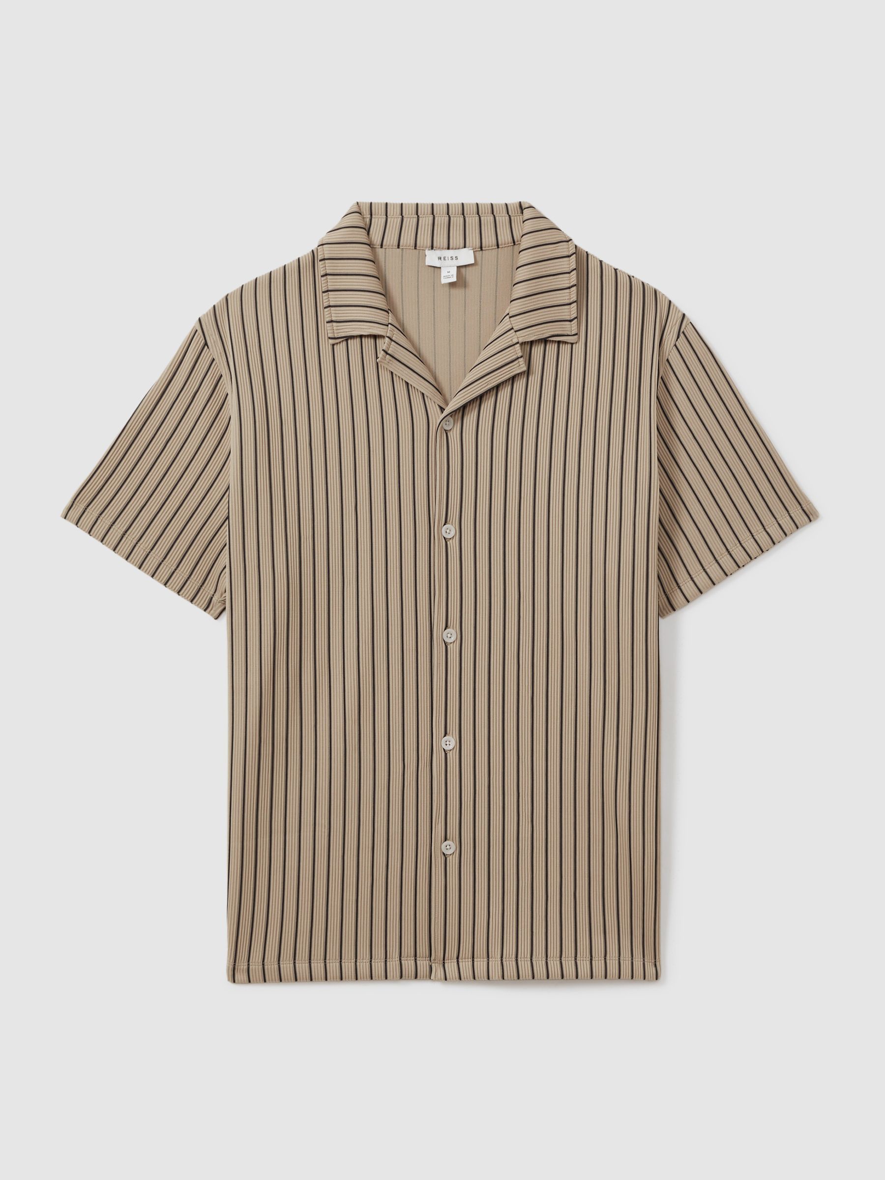 Ribbed Striped Cuban Collar Shirt in Sand/Navy - Image 2 of 6