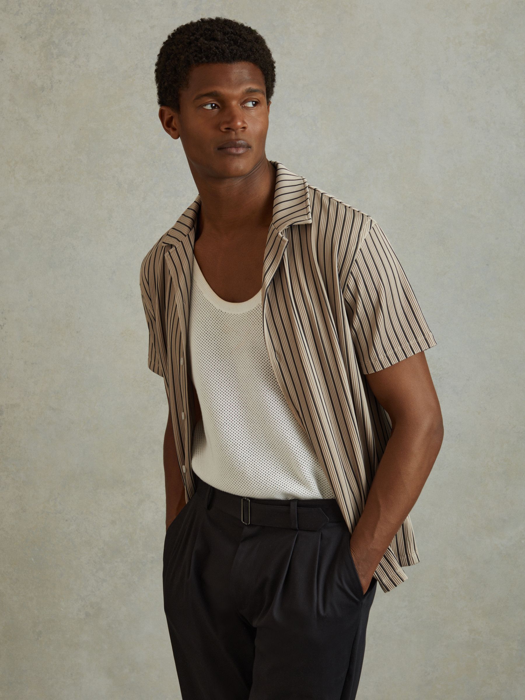 Ribbed Striped Cuban Collar Shirt in Sand/Navy - Image 3 of 6