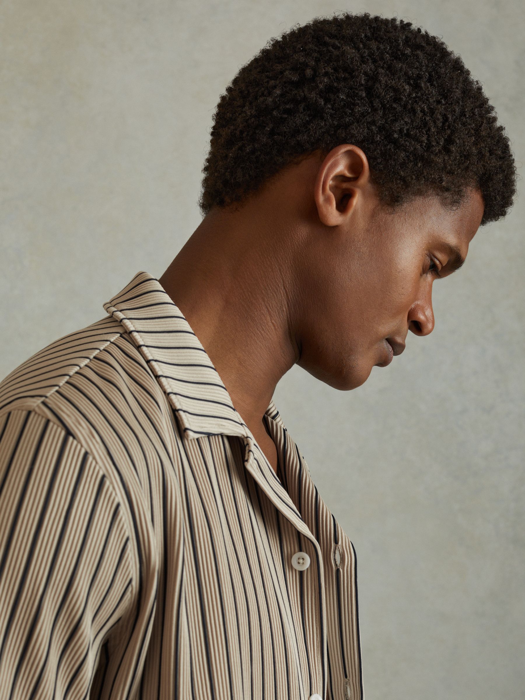 Ribbed Striped Cuban Collar Shirt in Sand/Navy - Image 4 of 6