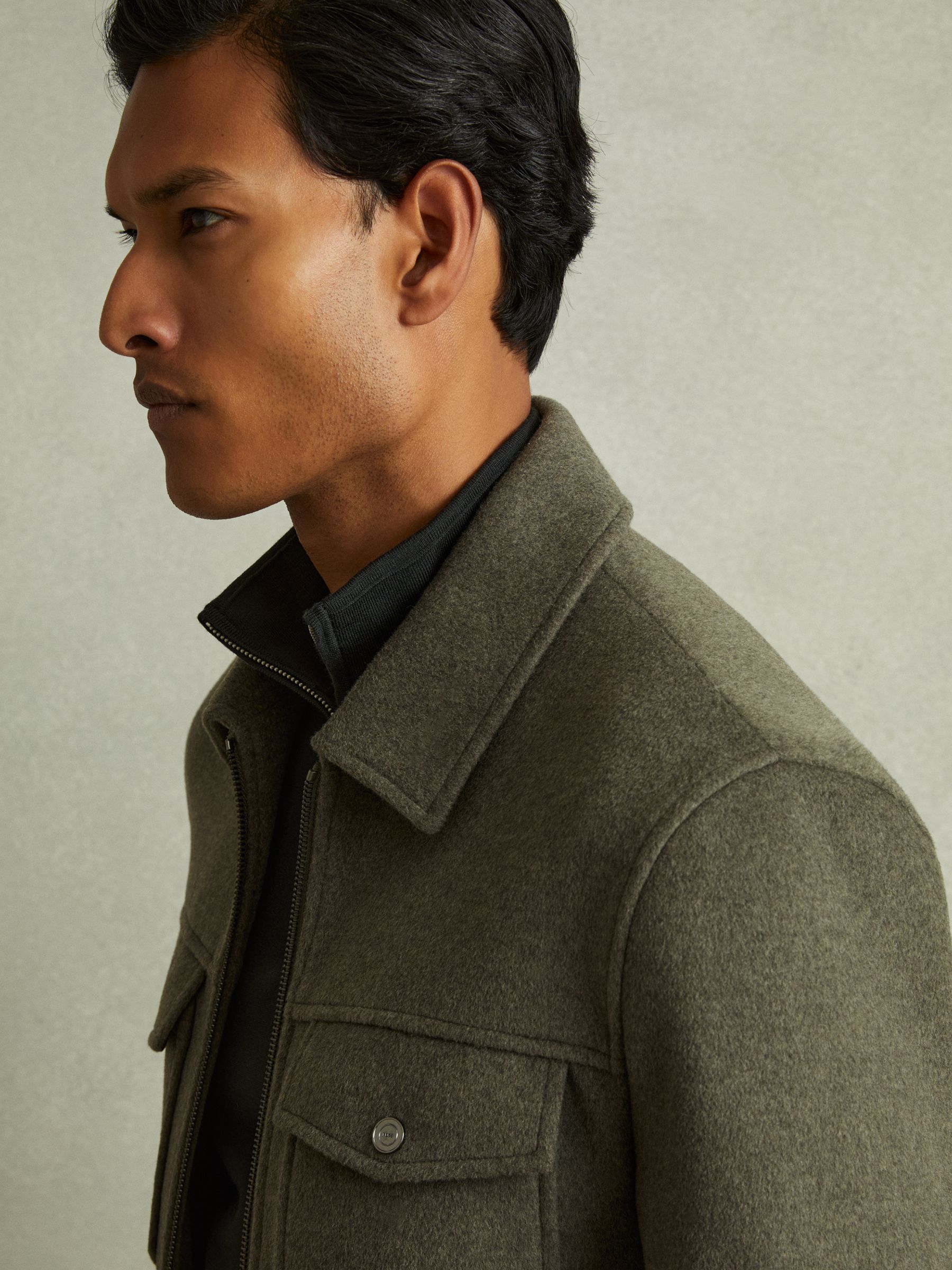 Reiss Zip-Through Trucker Jacket with Wool in Green Smoke