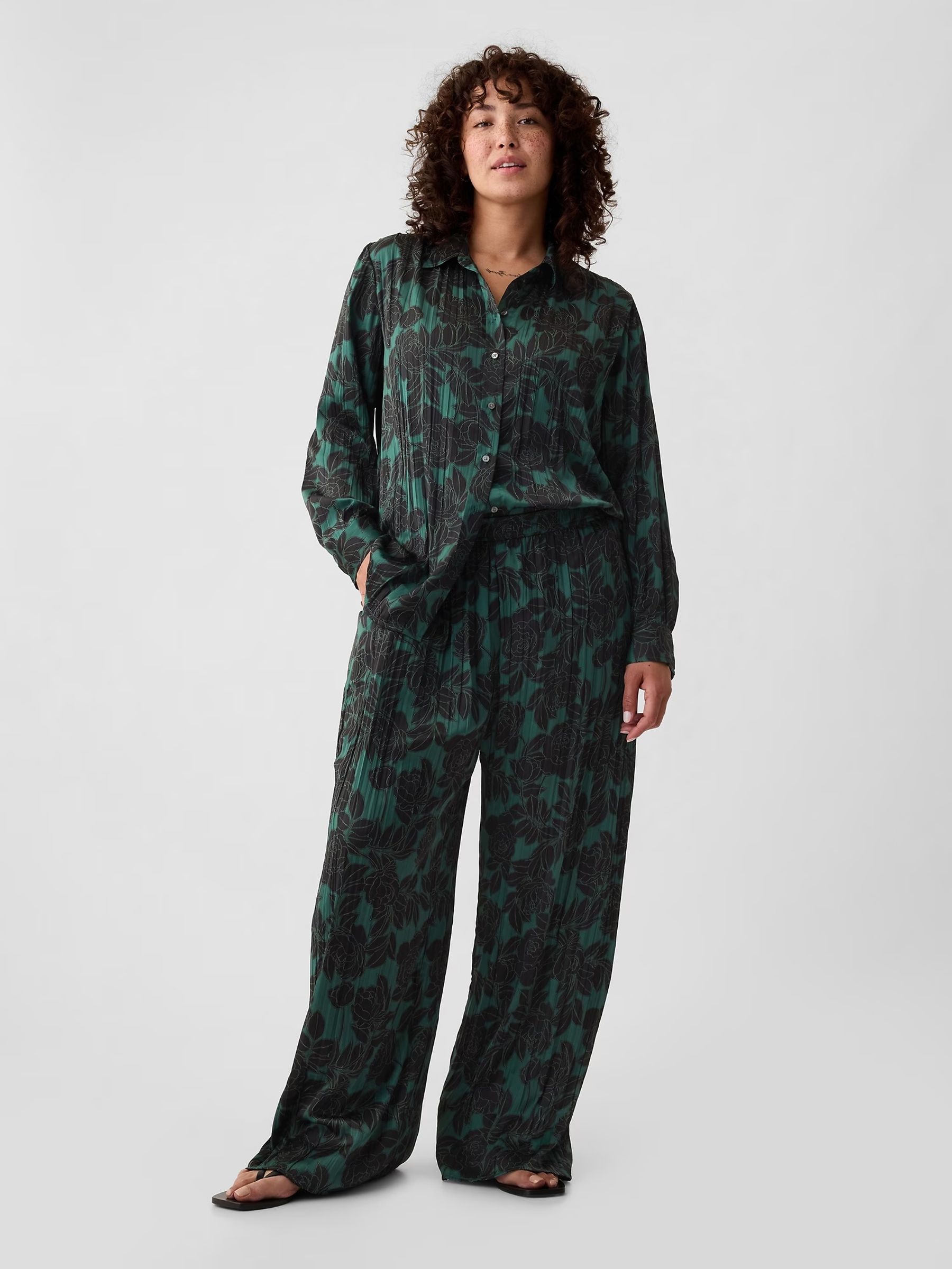Green Crinkle Texture Satin Trousers - Image 4 of 5