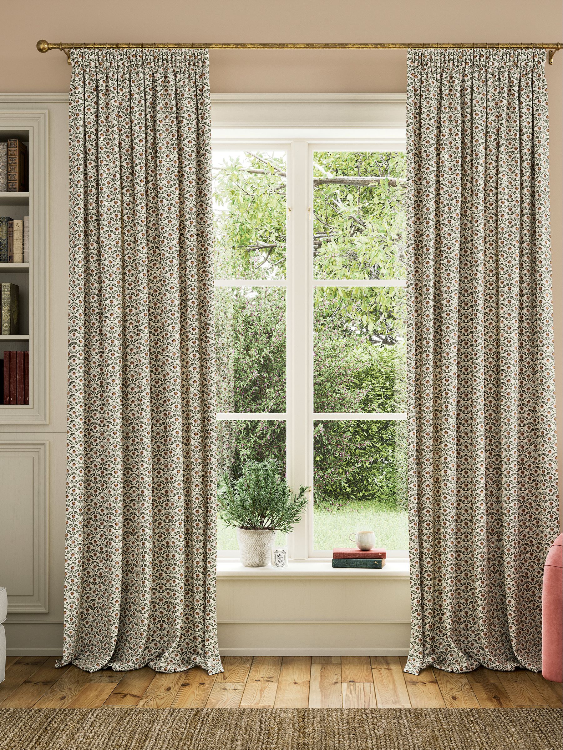 Floral Foulard Set of 2 Green & Cream Pencil Pleat Curtains - Image 1 of 4