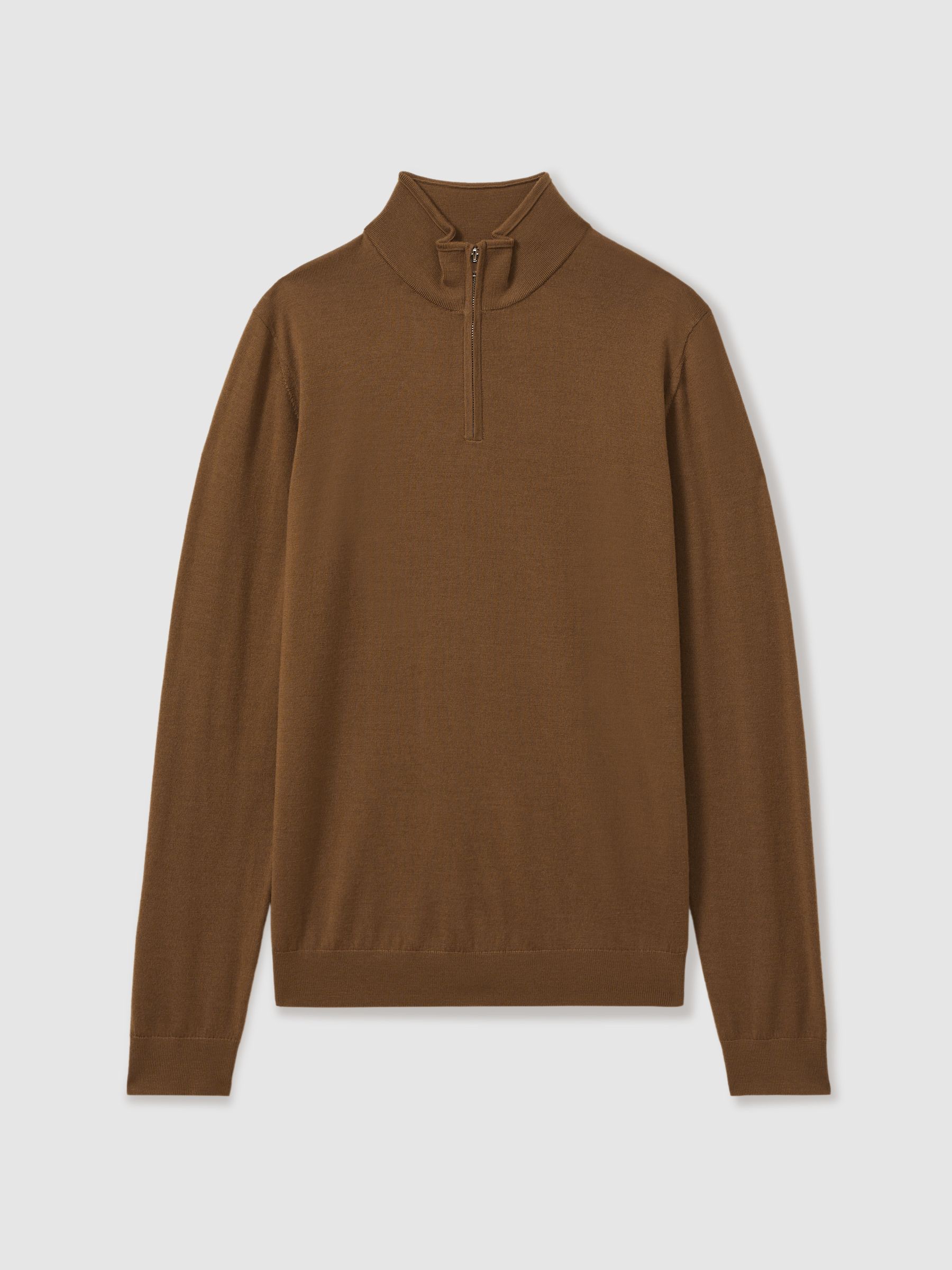 Merino Wool Half-Zip Funnel Neck Jumper in Tobacco Brown - Image 2 of 6