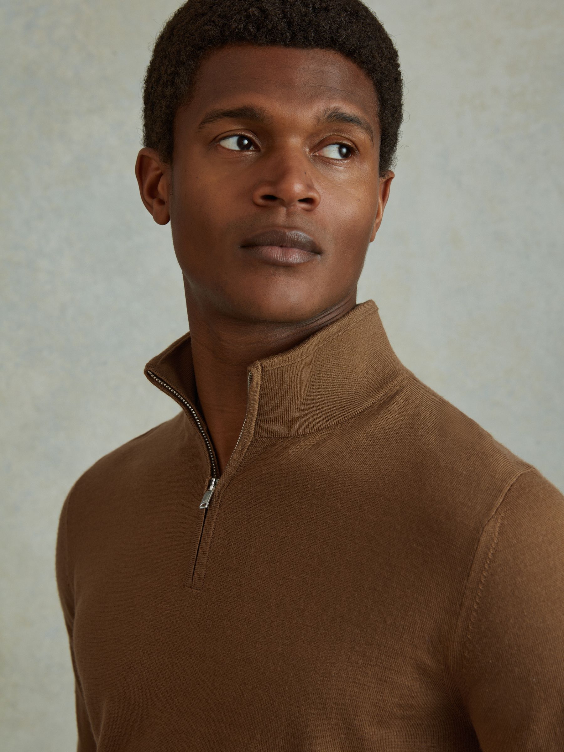 Merino Wool Half-Zip Funnel Neck Jumper in Tobacco Brown - Image 4 of 6