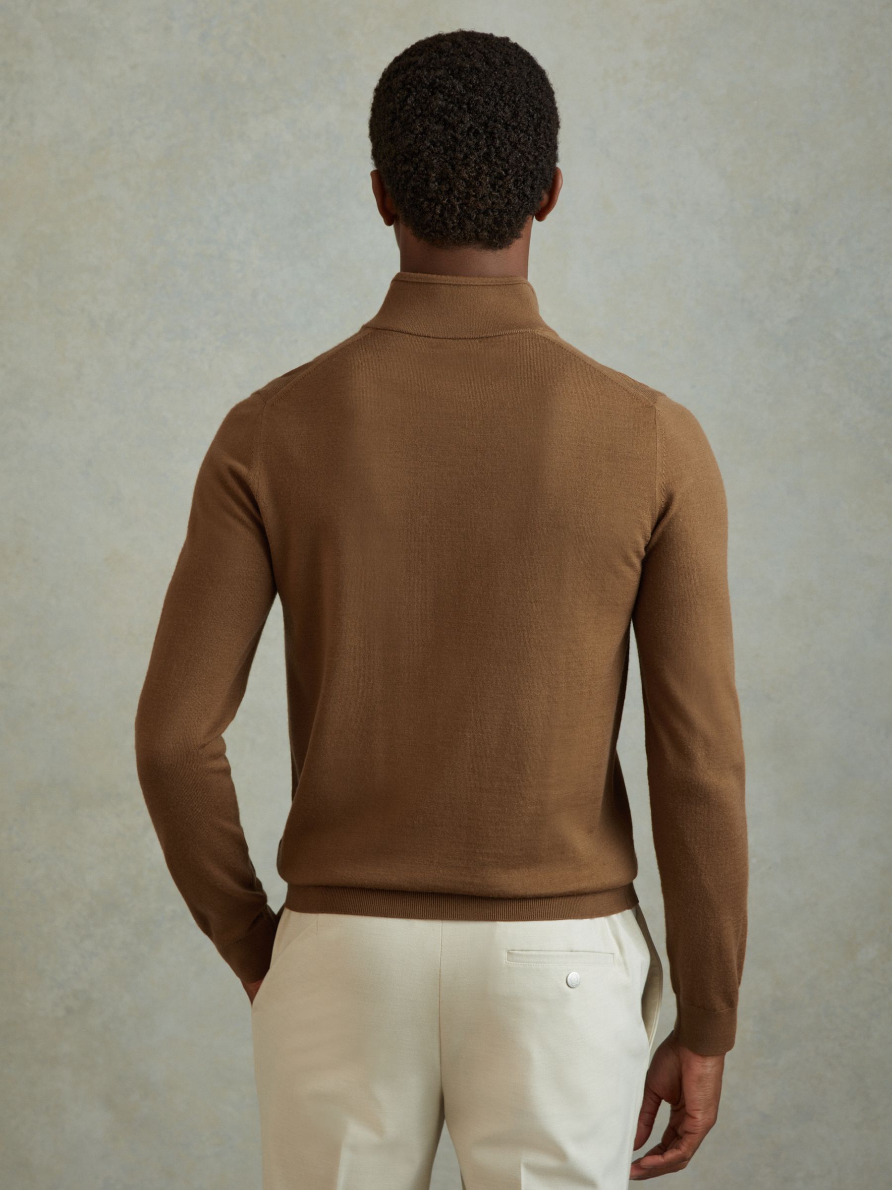 Merino Wool Half-Zip Funnel Neck Jumper in Tobacco Brown - Image 5 of 6