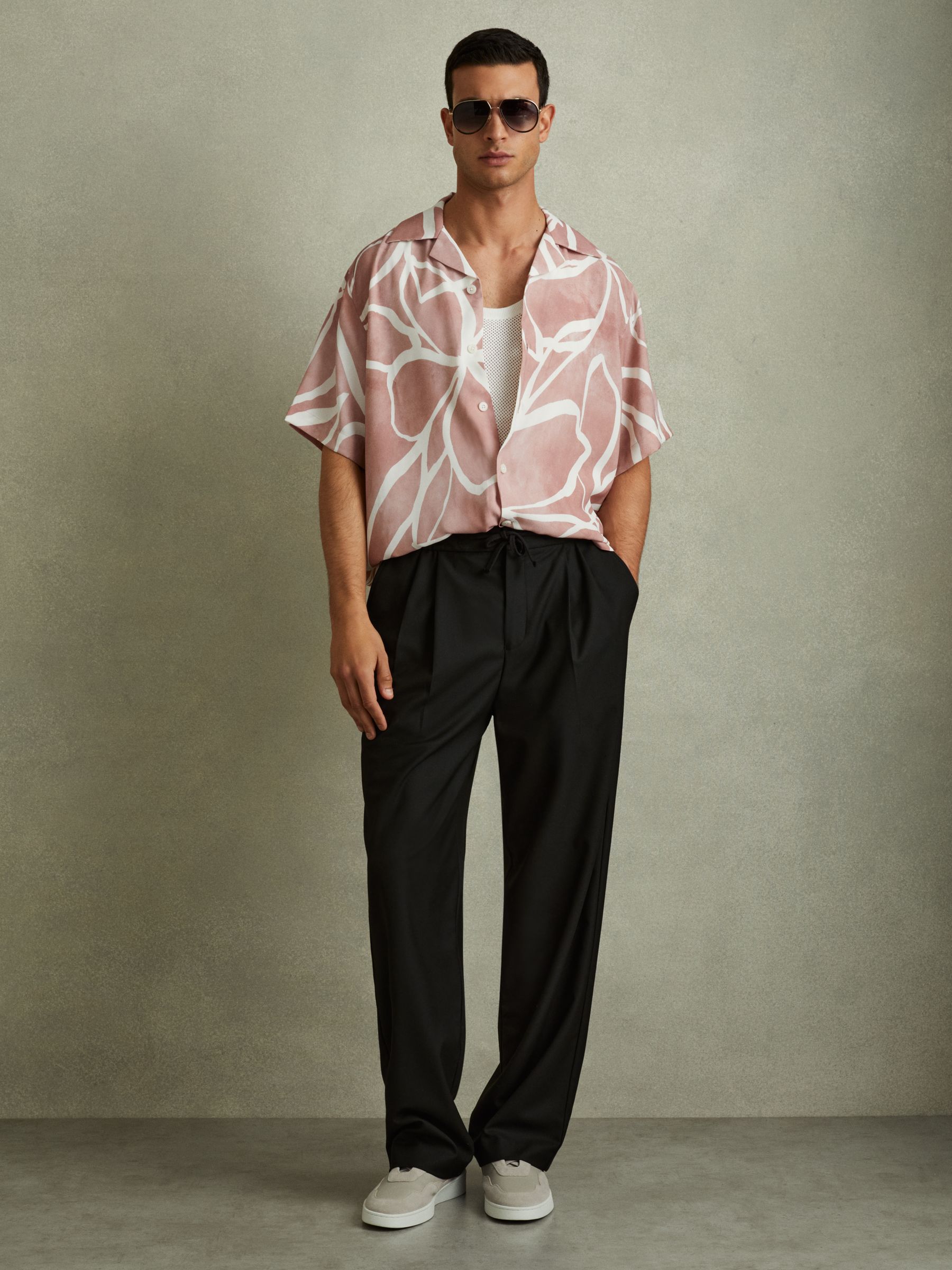 Relaxed Printed Cuban Collar Shirt in Soft Pink - Image 1 of 5