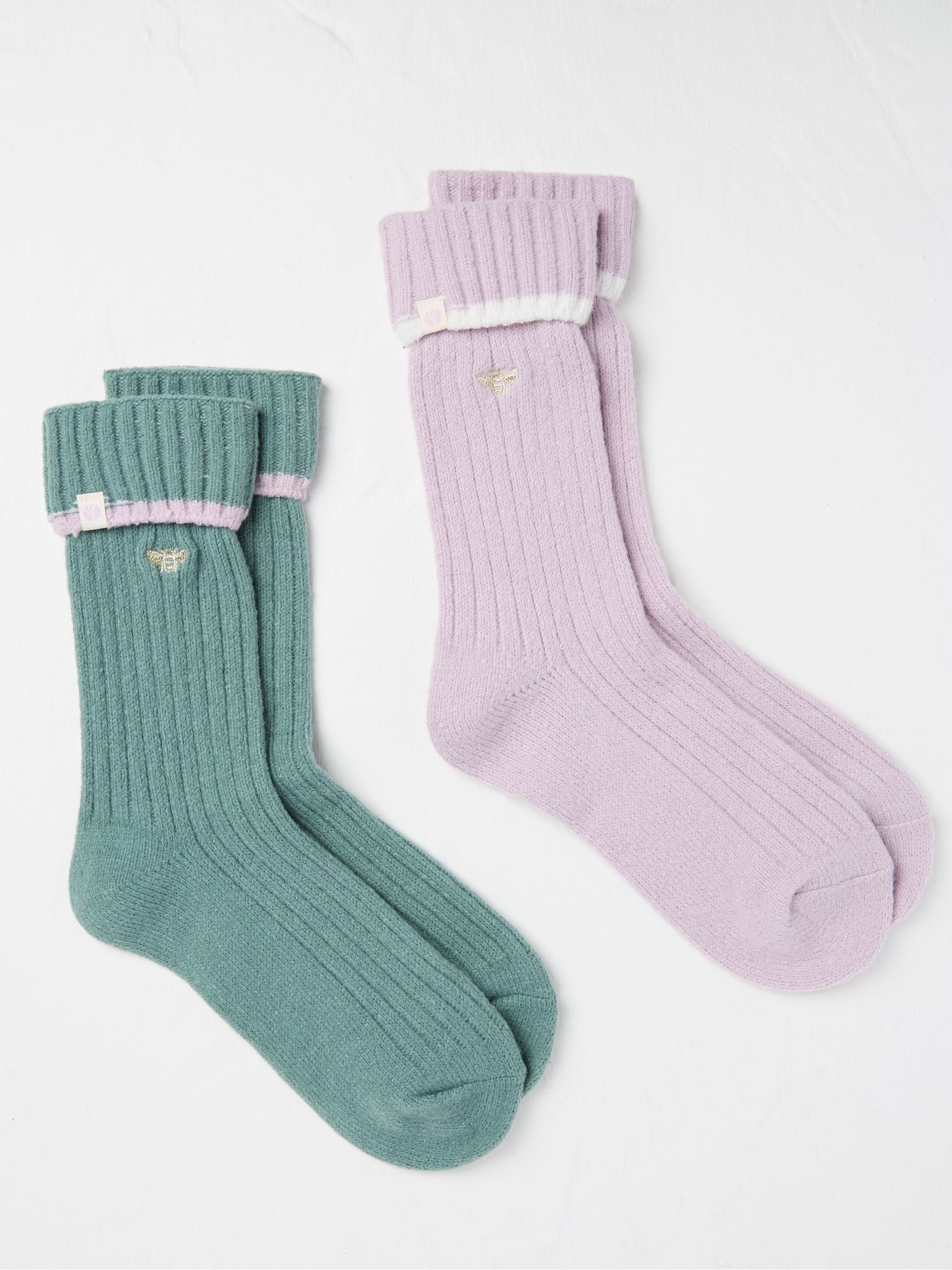Green 2 Pairs of Bee Embroidered Cosy Socks - Image 1 of 2