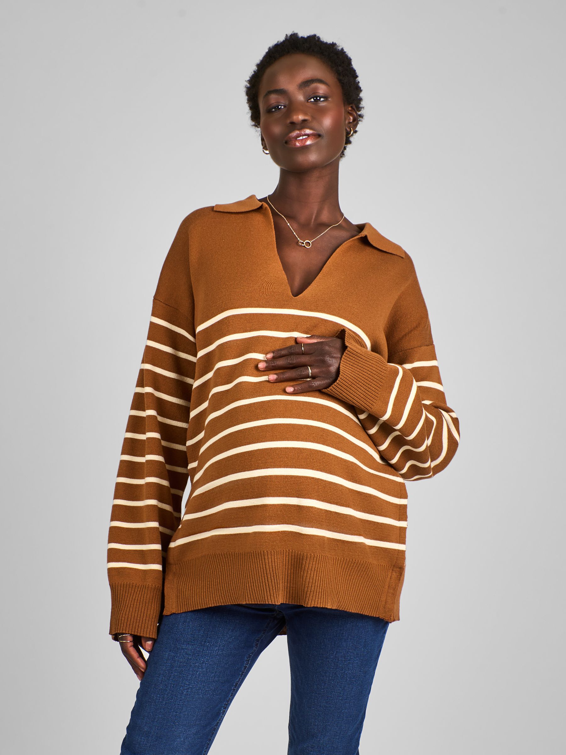 Toffee Brown & Cream Stripe Collared Maternity & Nursing Jumper - Image 1 of 4