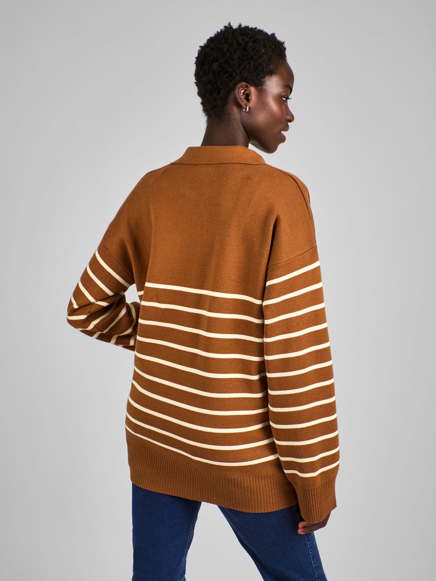 Toffee Brown & Cream Stripe Collared Maternity & Nursing Jumper - Image 2 of 4