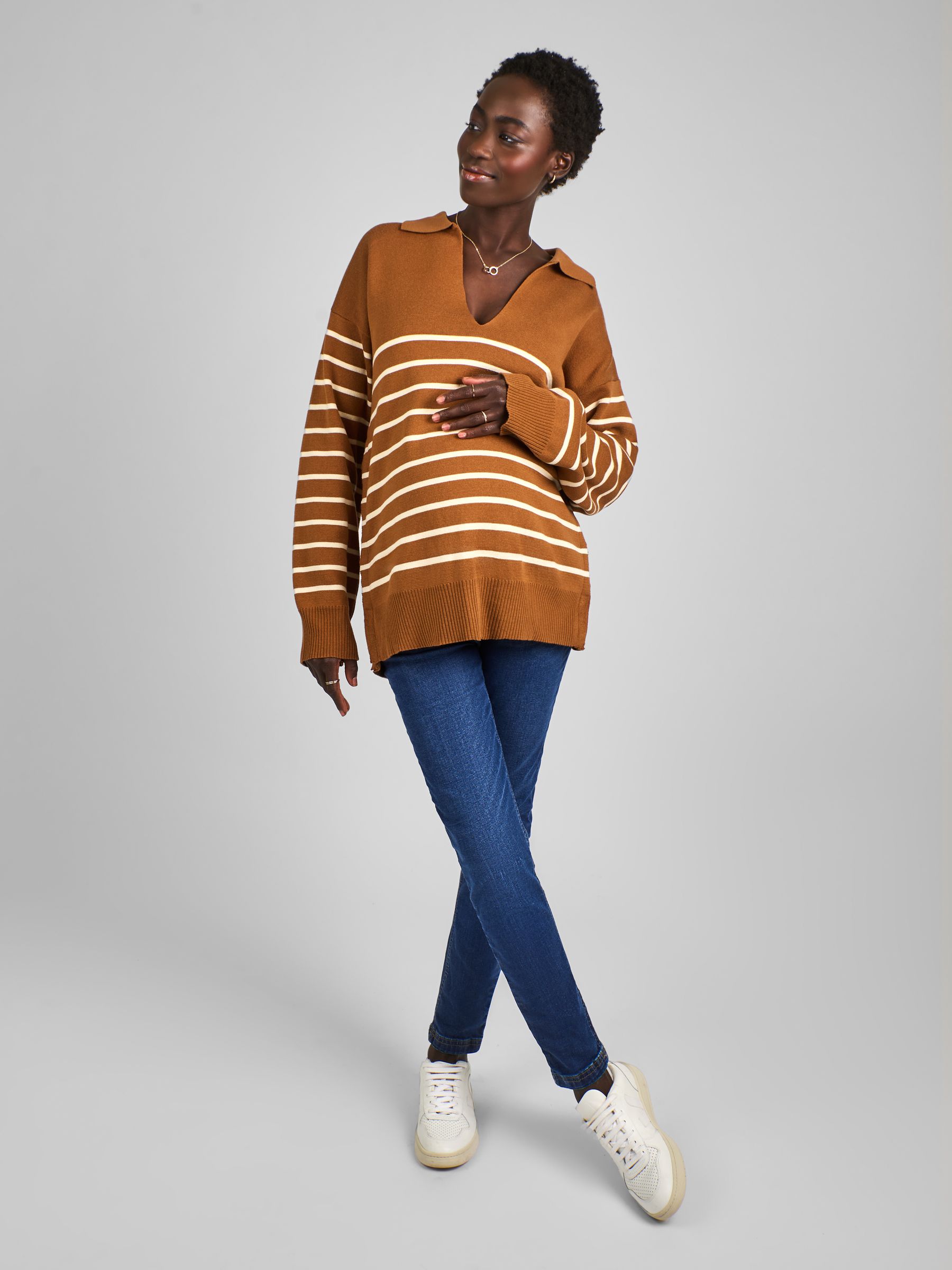 Toffee Brown & Cream Stripe Collared Maternity & Nursing Jumper - Image 3 of 4