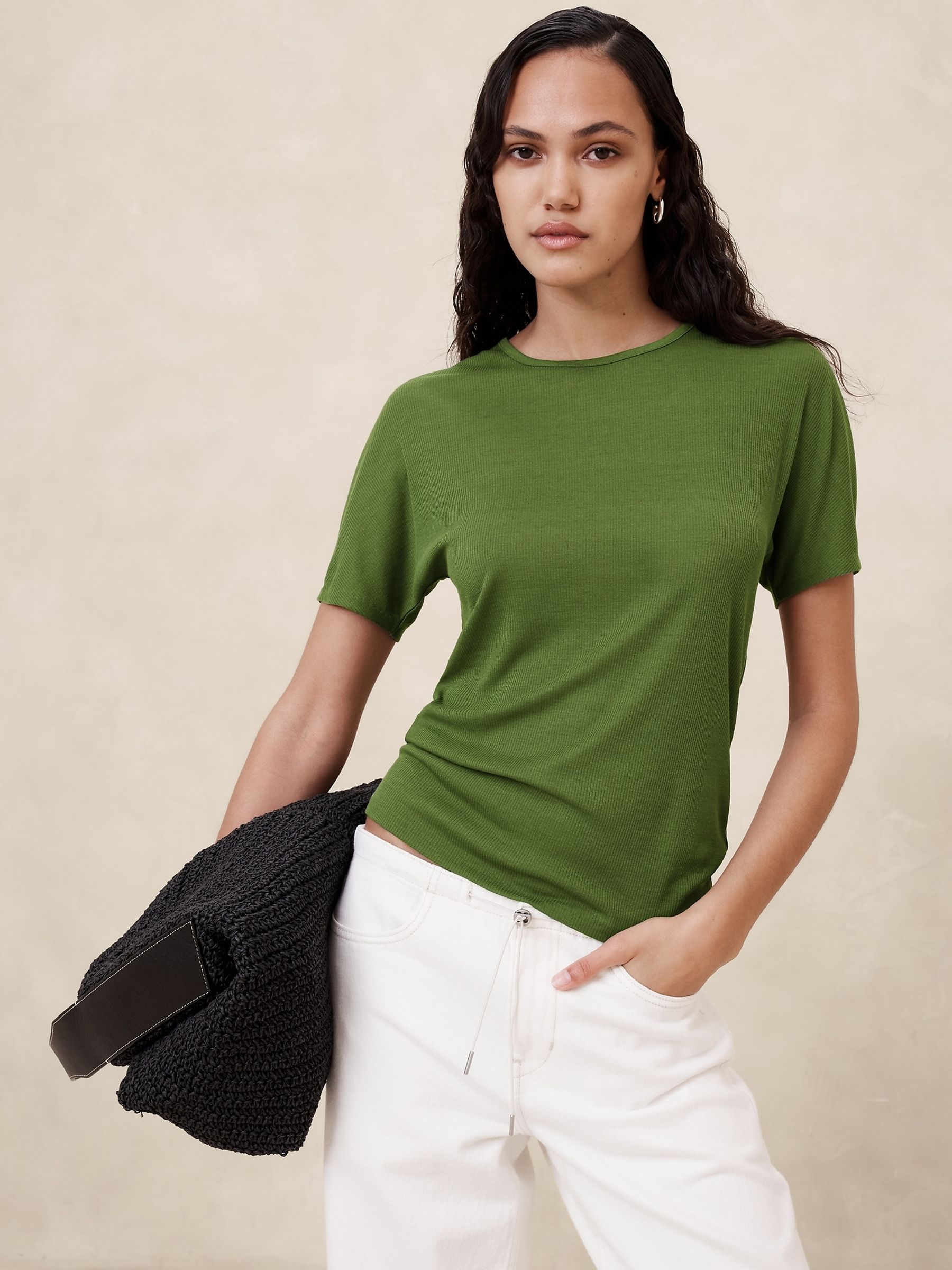 Banana Republic Green Sheer Ribbed Crew Neck T-Shirt - Image 1 of 1