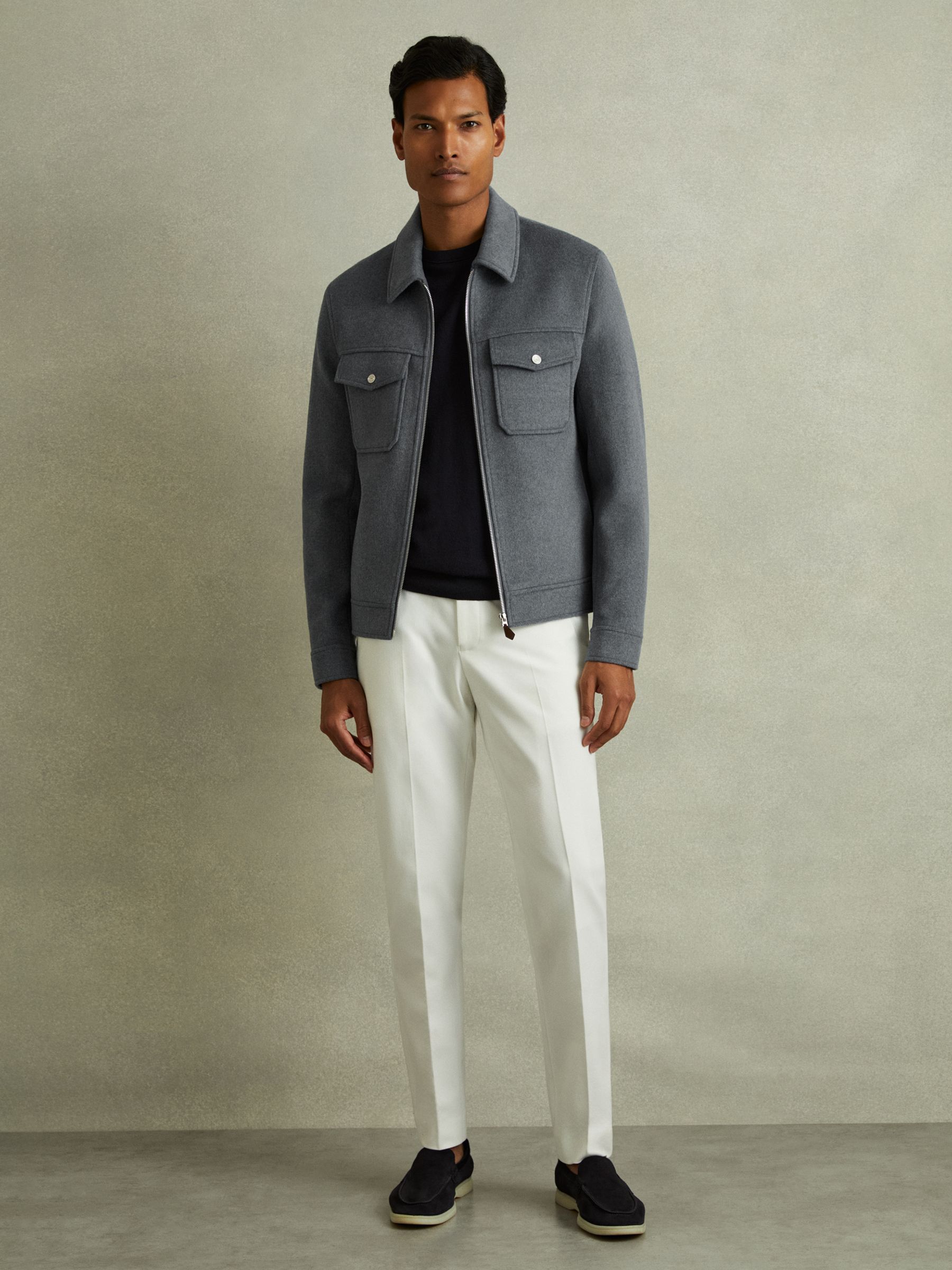 Zip-Through Trucker Jacket with Wool in Sky Blue Melange - Image 1 of 5