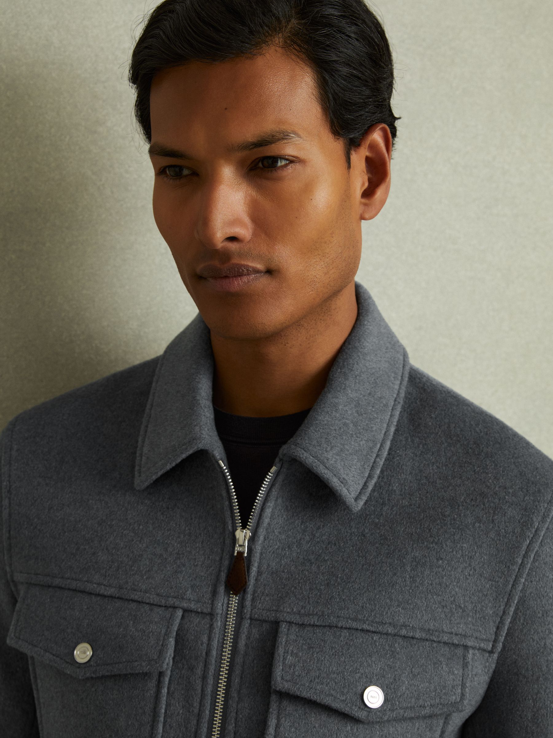Zip-Through Trucker Jacket with Wool in Sky Blue Melange - Image 3 of 5